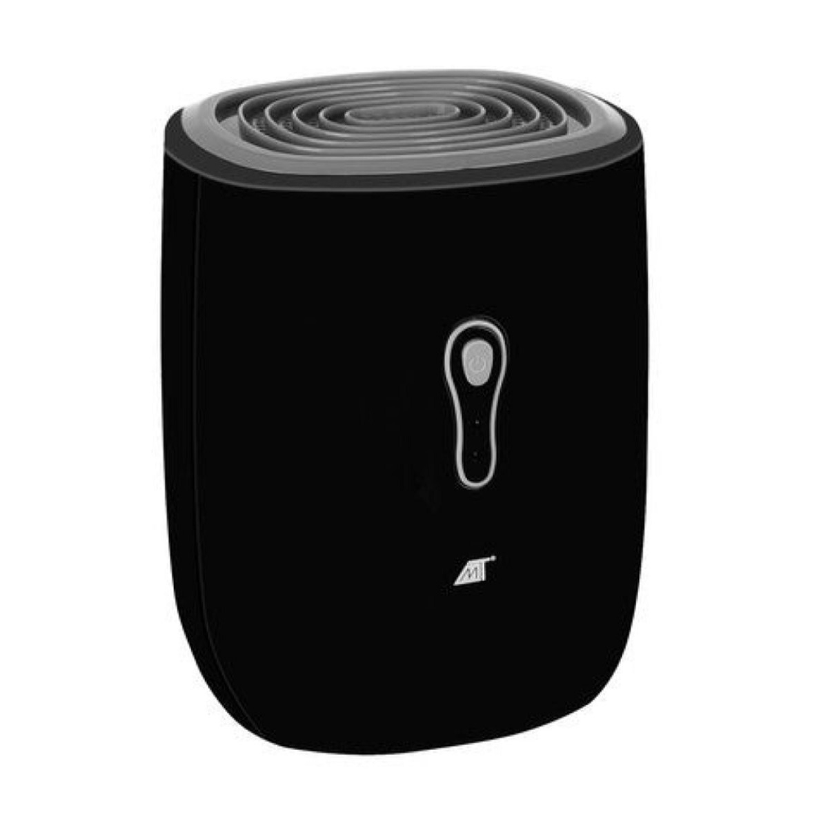 Un pequeño deshumidificador negro con rejilla de ventilación gris arriba.
