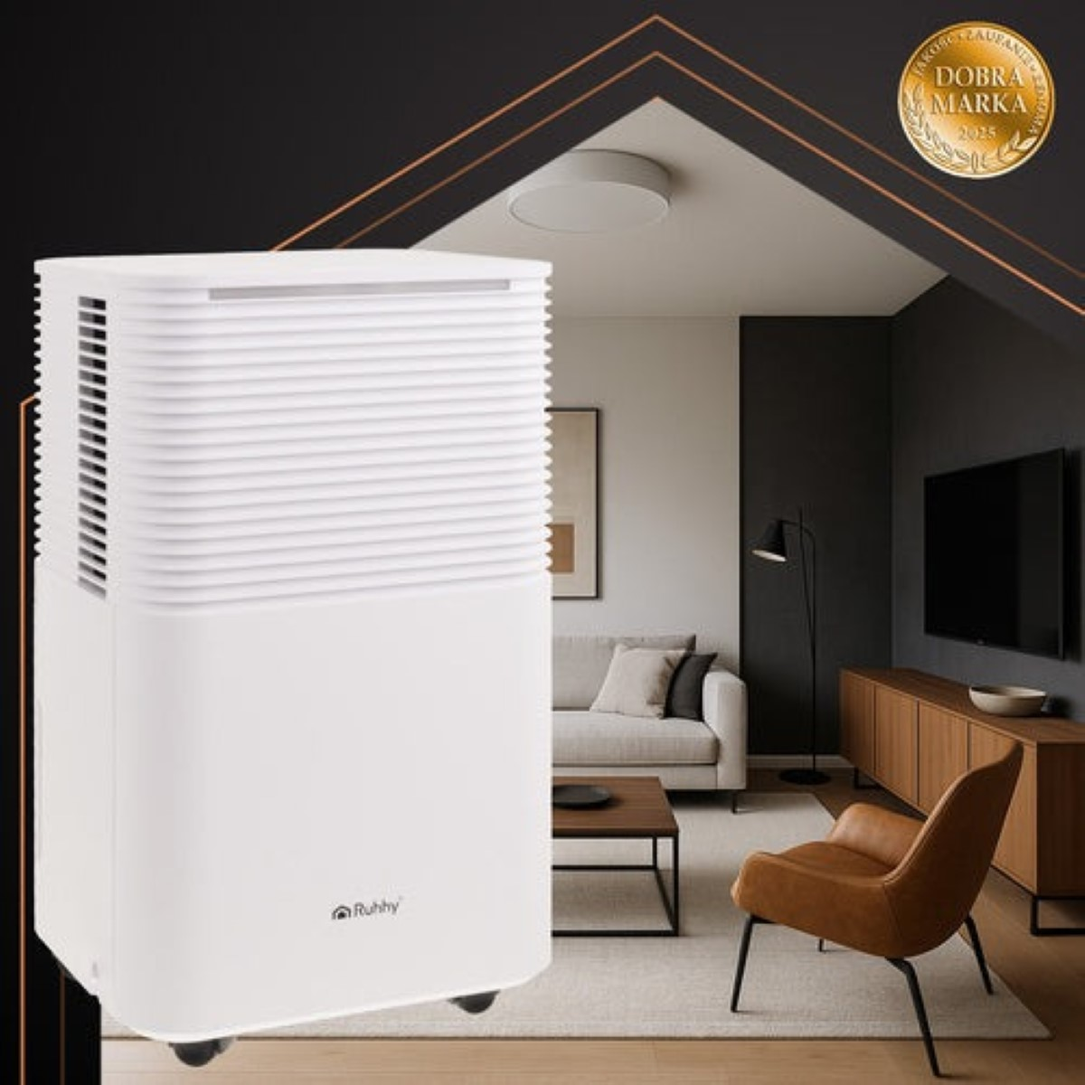 Un deshumidificador blanco en una sala de estar moderna con sofá, TV y sillón.