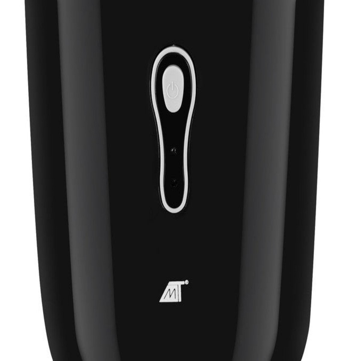 Un dispositivo negro con un símbolo de encendido blanco y un logo.