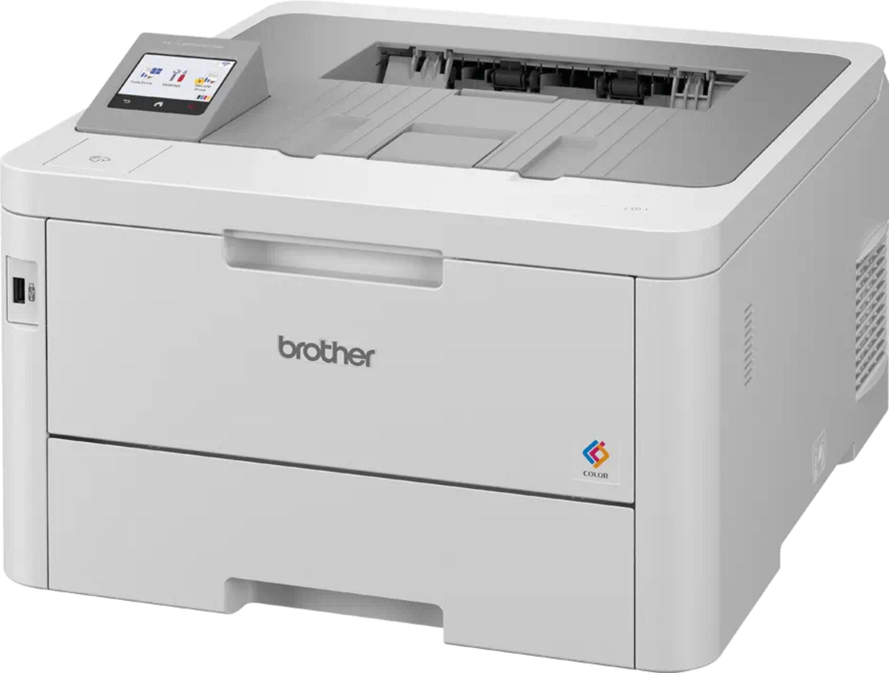 Une imprimante laser couleur Brother blanche avec écran tactile et bac de sortie.