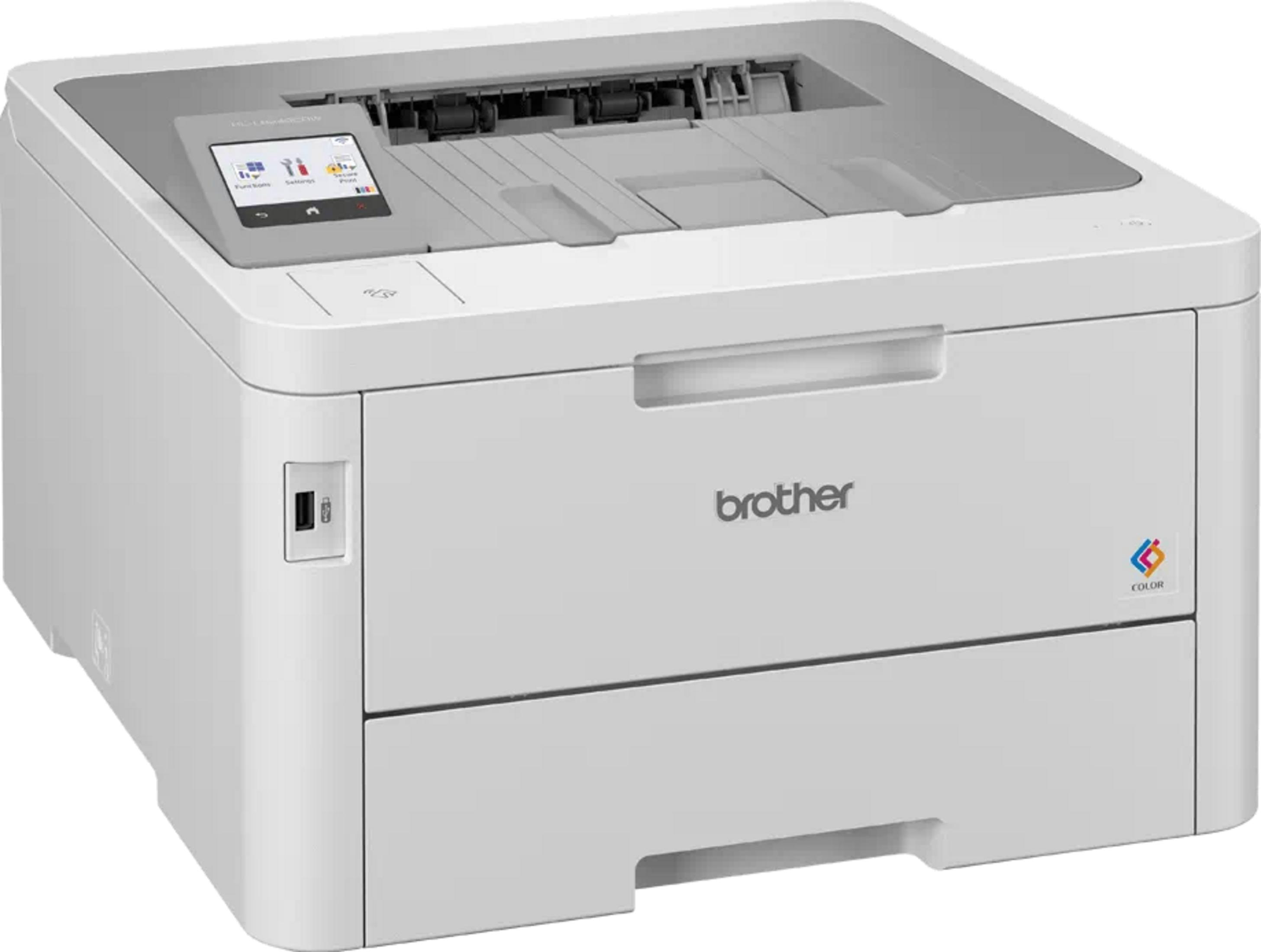 Une imprimante laser Brother blanche avec écran couleur et port USB.