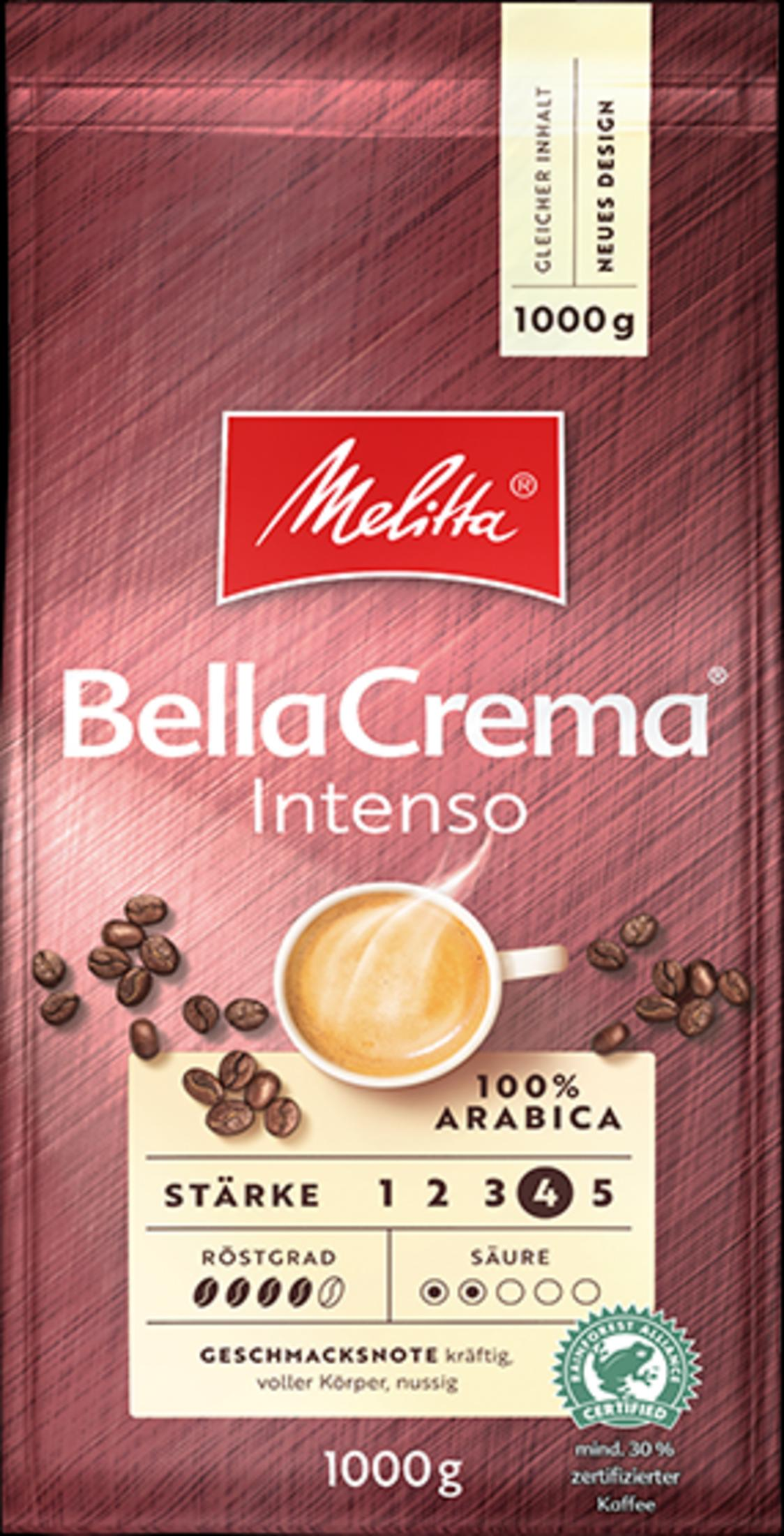Caffè Melitta Bella Crema Intenso, 1000g, con chicchi Arabica e note aromatiche.