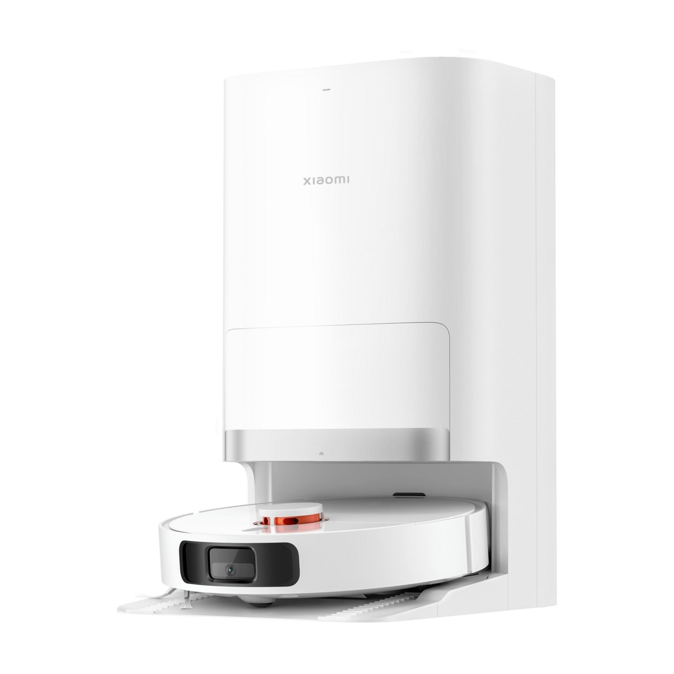 Biały robot sprzątający ze stacją ładującą i logo Xiaomi.
