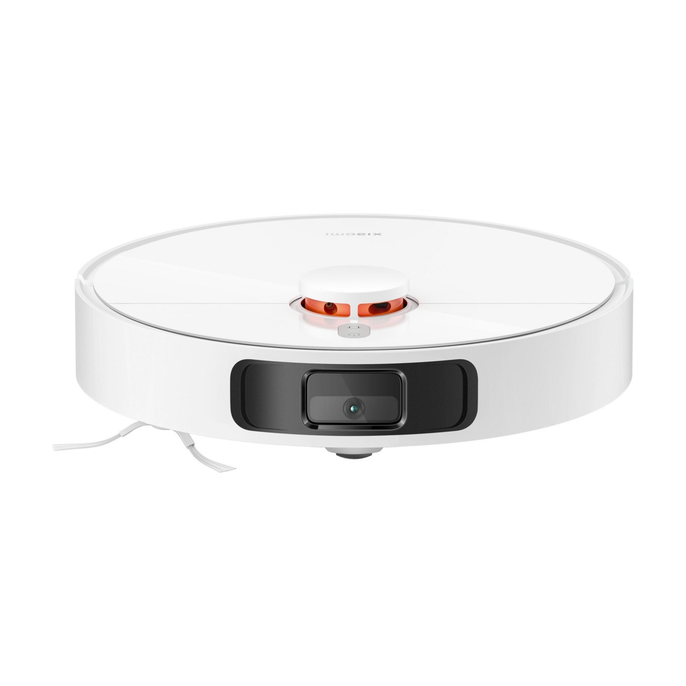 Biały robot sprzątający z czarną kamerą i pomarańczowymi akcentami.