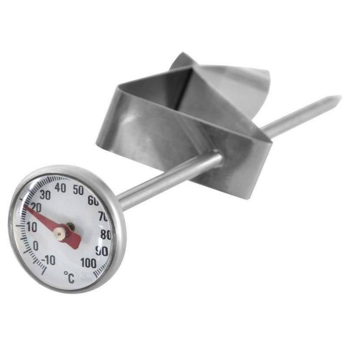 Un termómetro de metal con una escala de -10 a 100 grados Celsius.