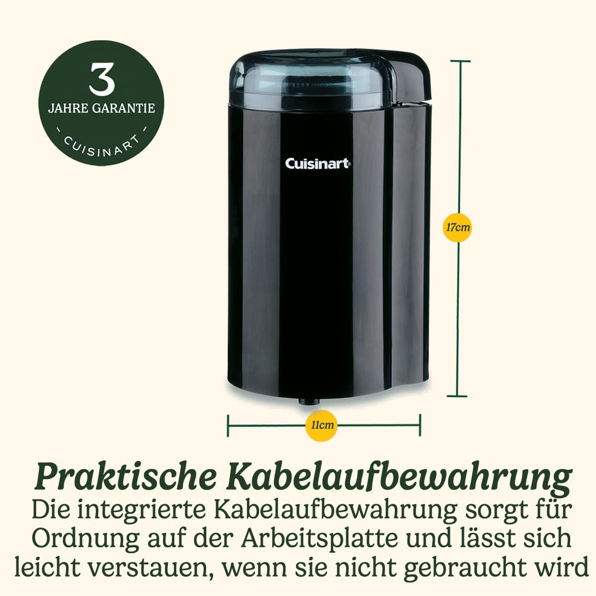 Schwarzer Cuisinart Kaffeemühlen-Aufsatz mit 17cm Höhe und 11cm Breite.