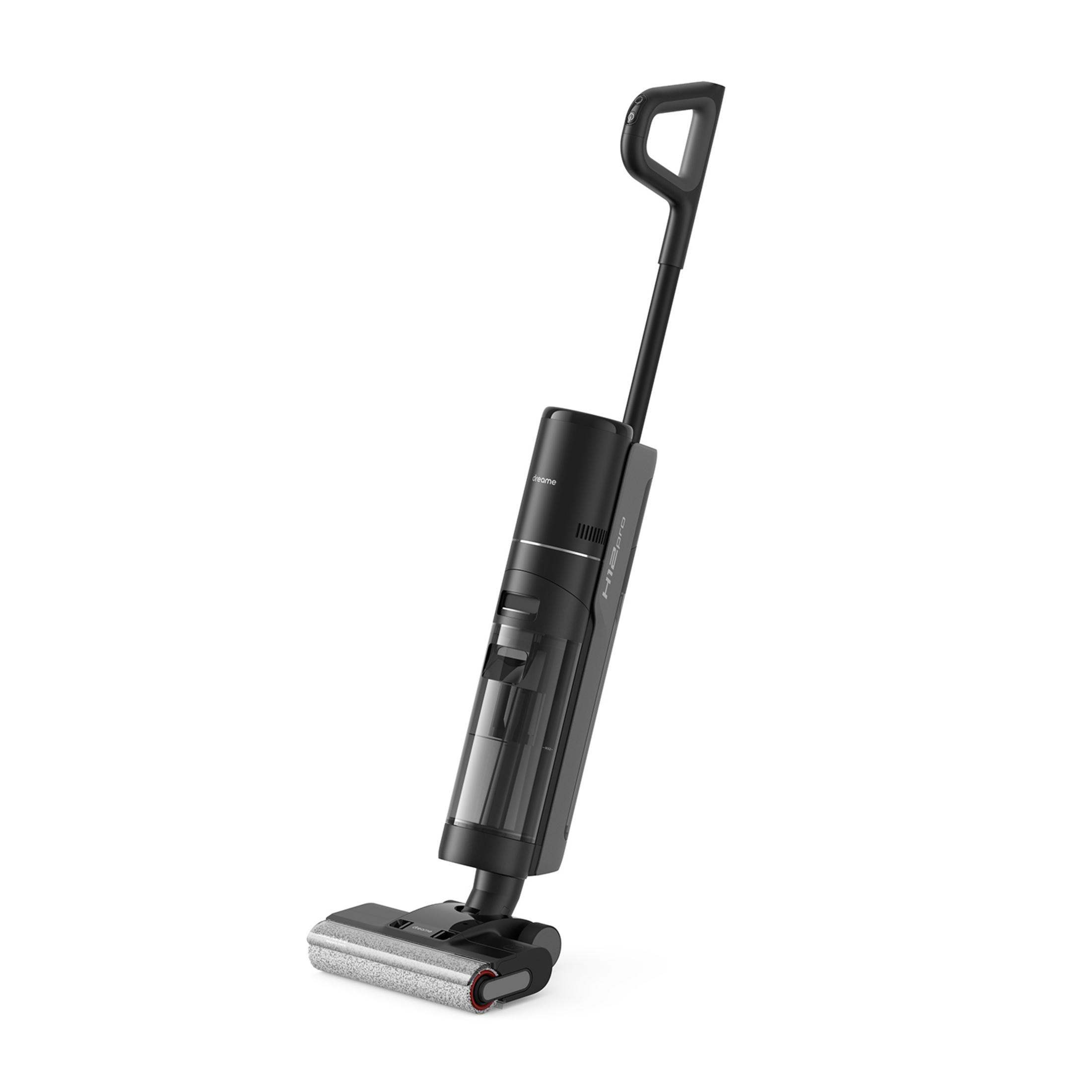 Lavapavimenti a batteria nero con manico e testina.