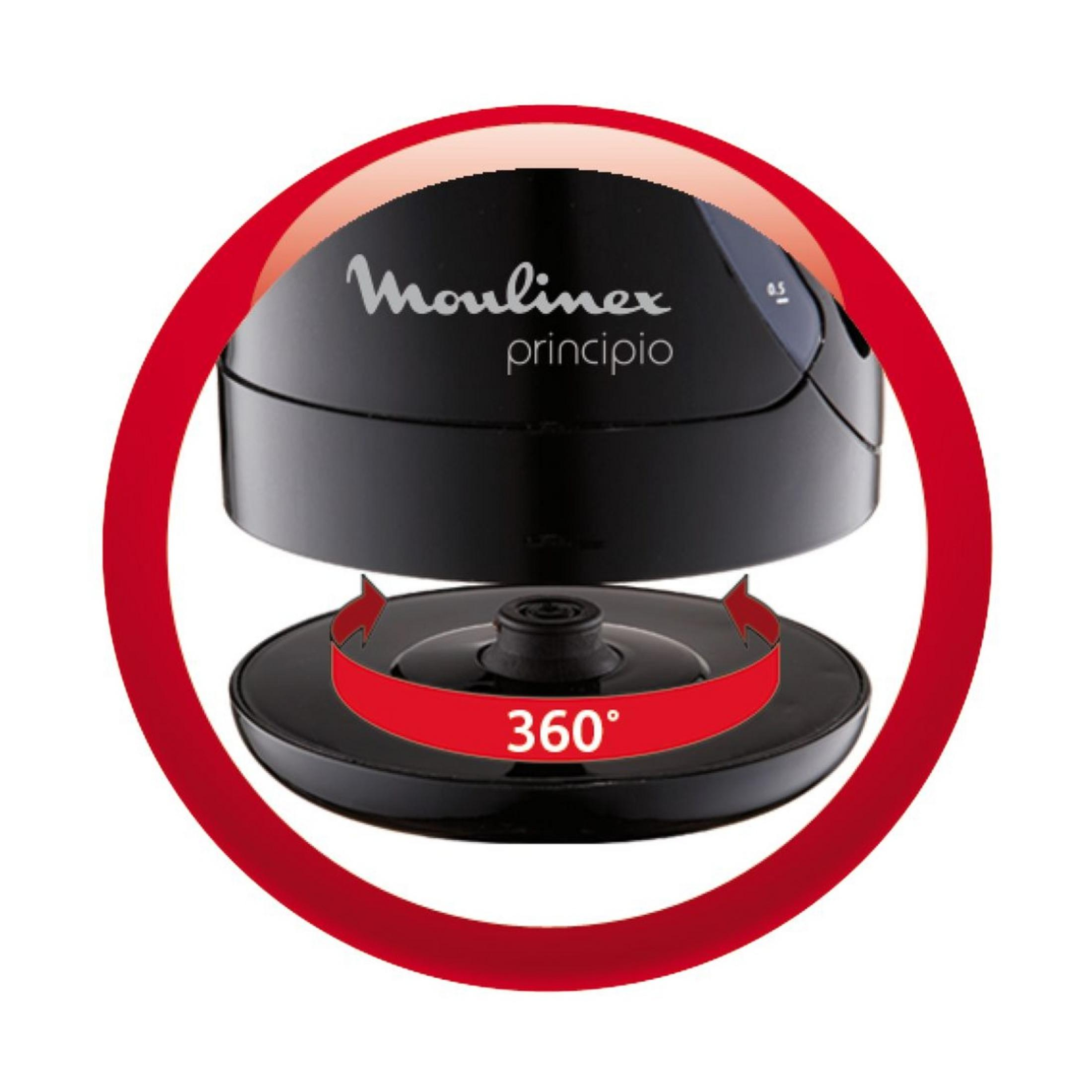 Schwarzer Wasserkocher mit 360-Grad-Basis, Markenname Moulinex.