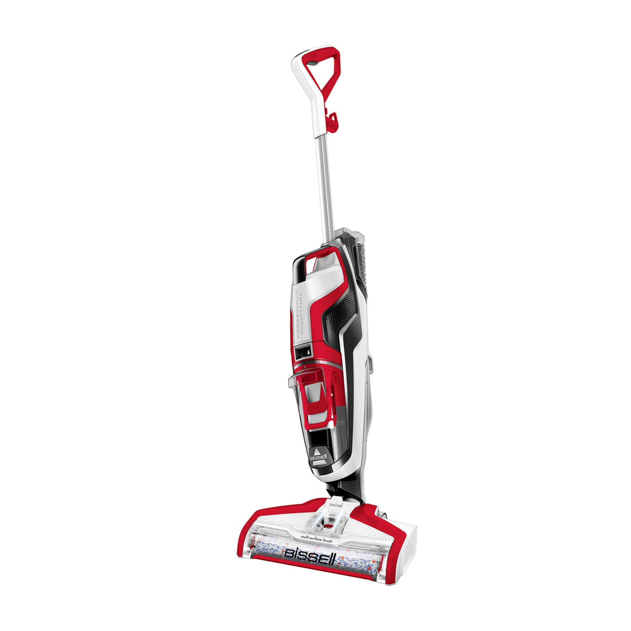 Ein roter und weißer Bodenreiniger mit einem drehbaren Bürstenkopf.