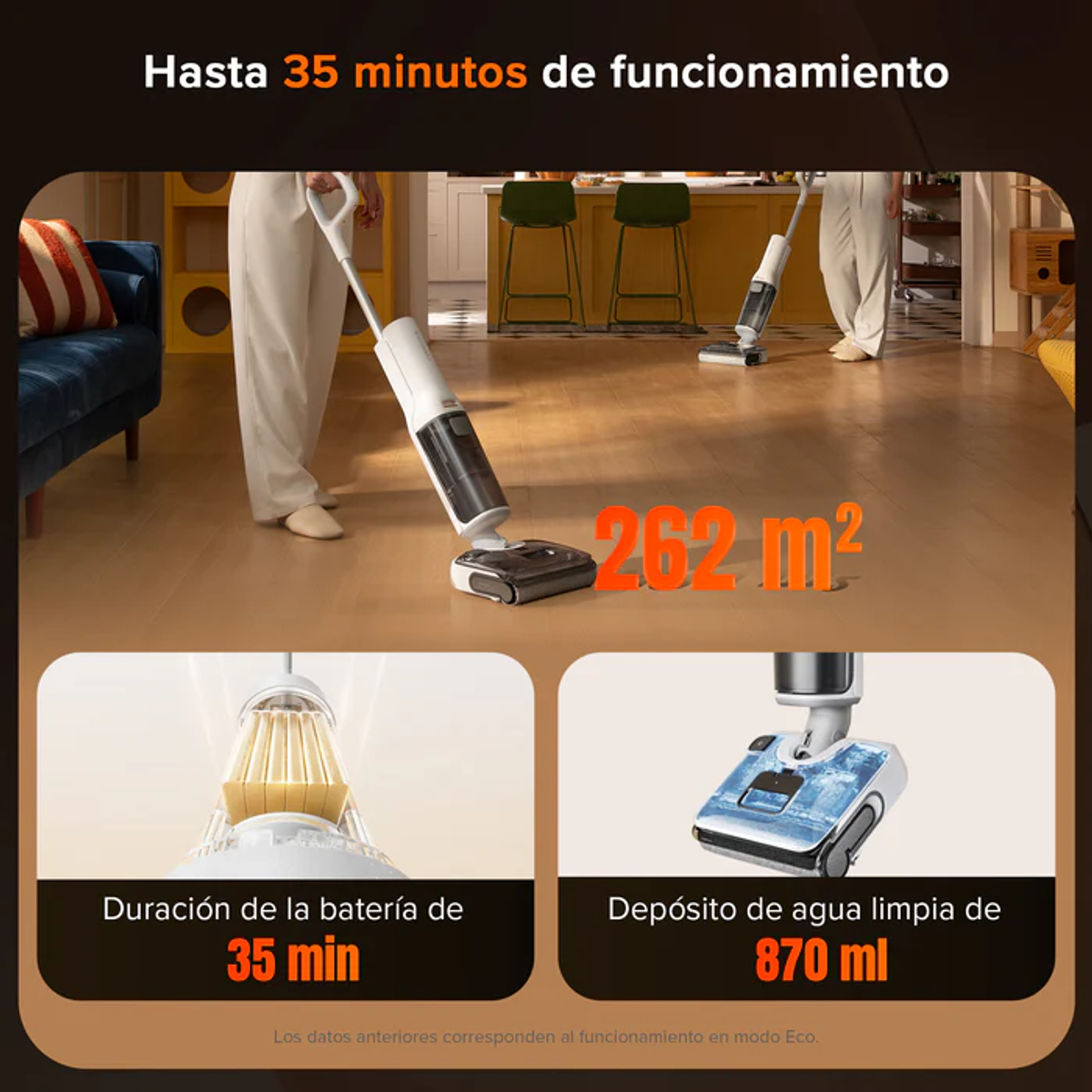 Limpiador de suelo con 35 min de autonomía, 262m² de cobertura.