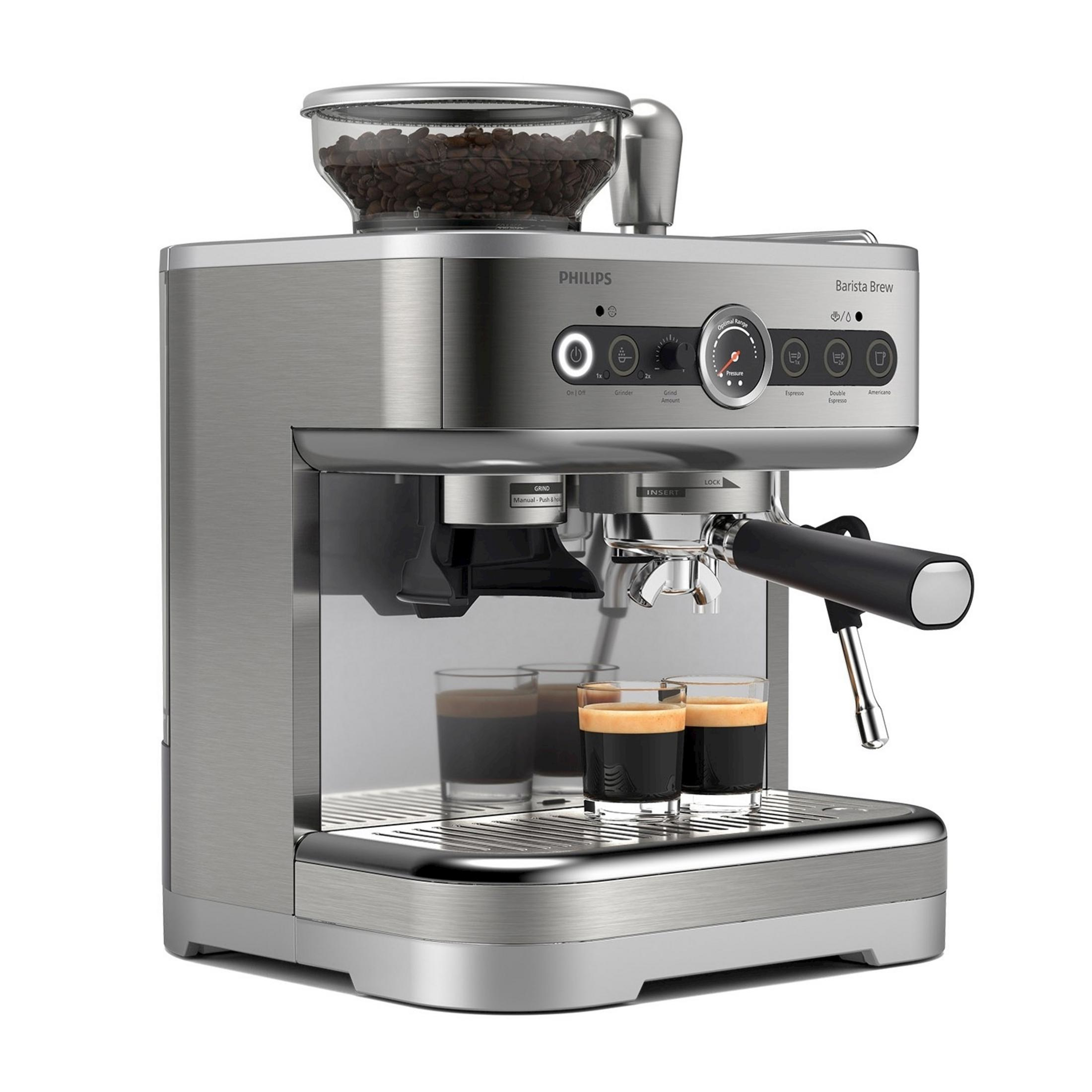 Srebrna maszyna do espresso ze zbiornikiem na ziarna kawy i dwoma filiżankami espresso.