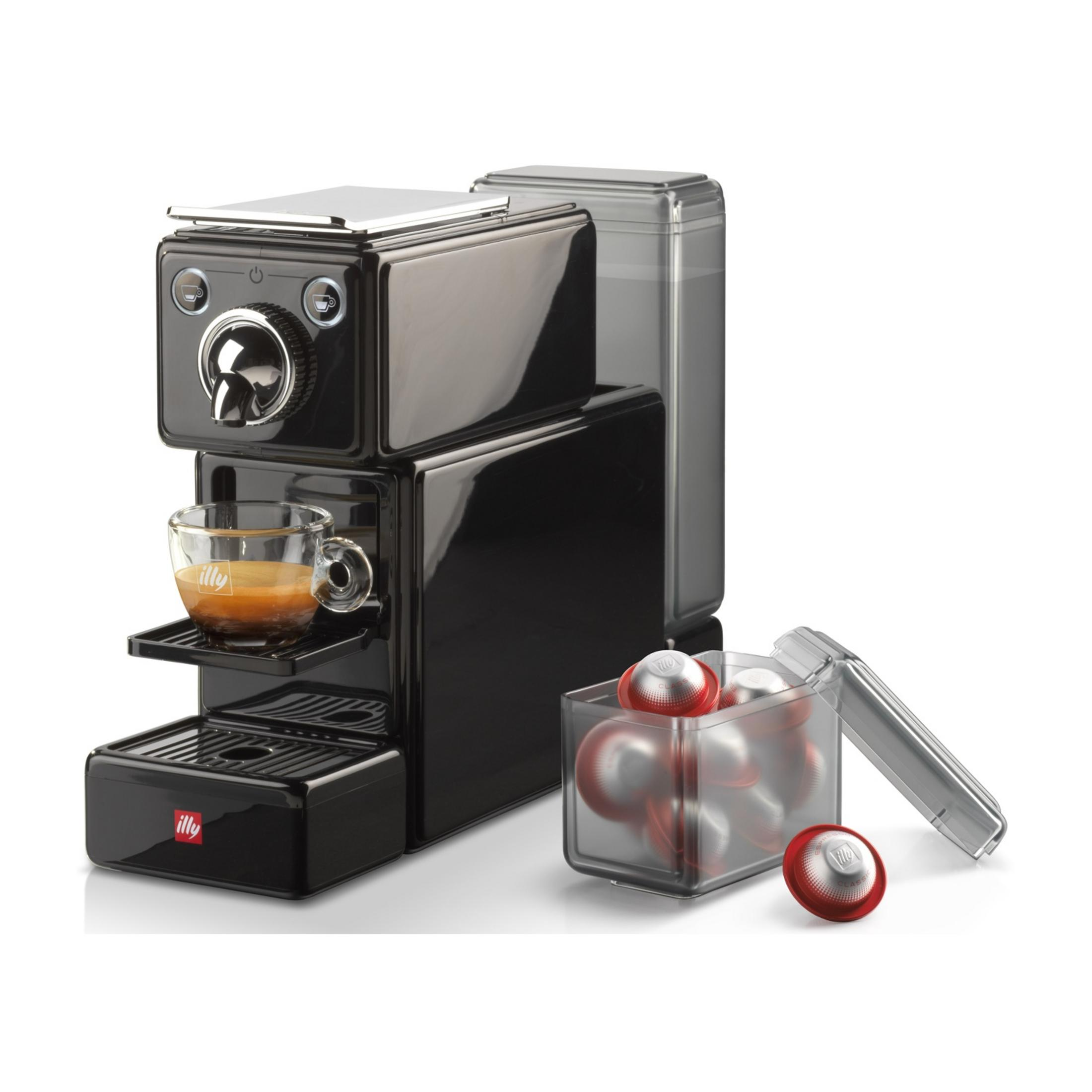 Schwarze Espressomaschine mit Glasbecher und Kapselbehälter.