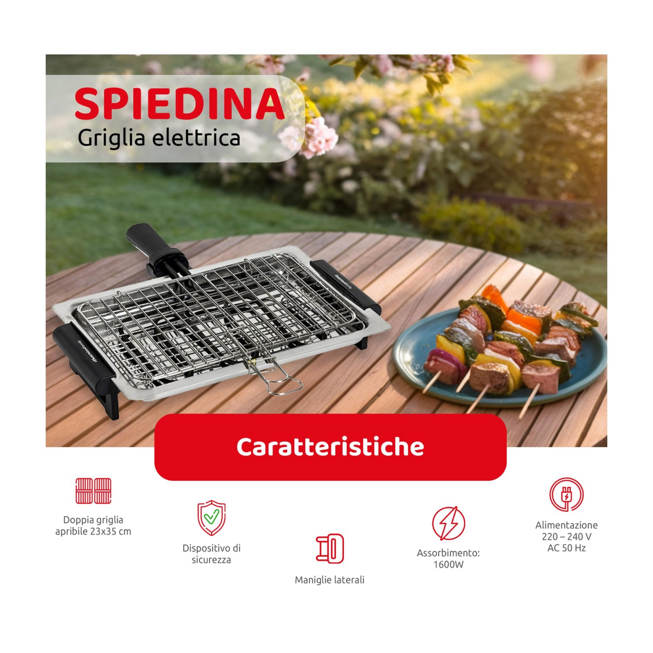Parrilla eléctrica con brochetas sobre mesa de madera, al aire libre.