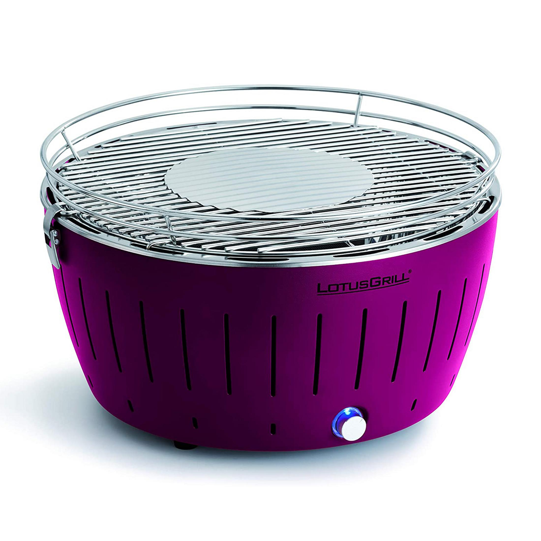 Fioletowy LotusGrill z srebrnym rusztem i podświetlanym niebieskim pokrętłem.