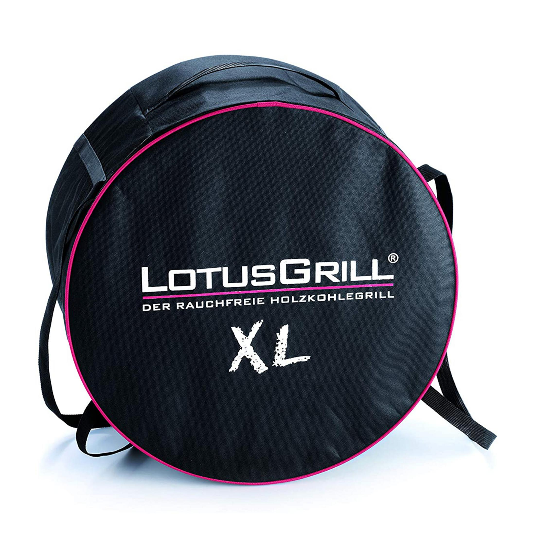 Czarna torba z różowym obszyciem i napisem LOTUSGRILL XL.