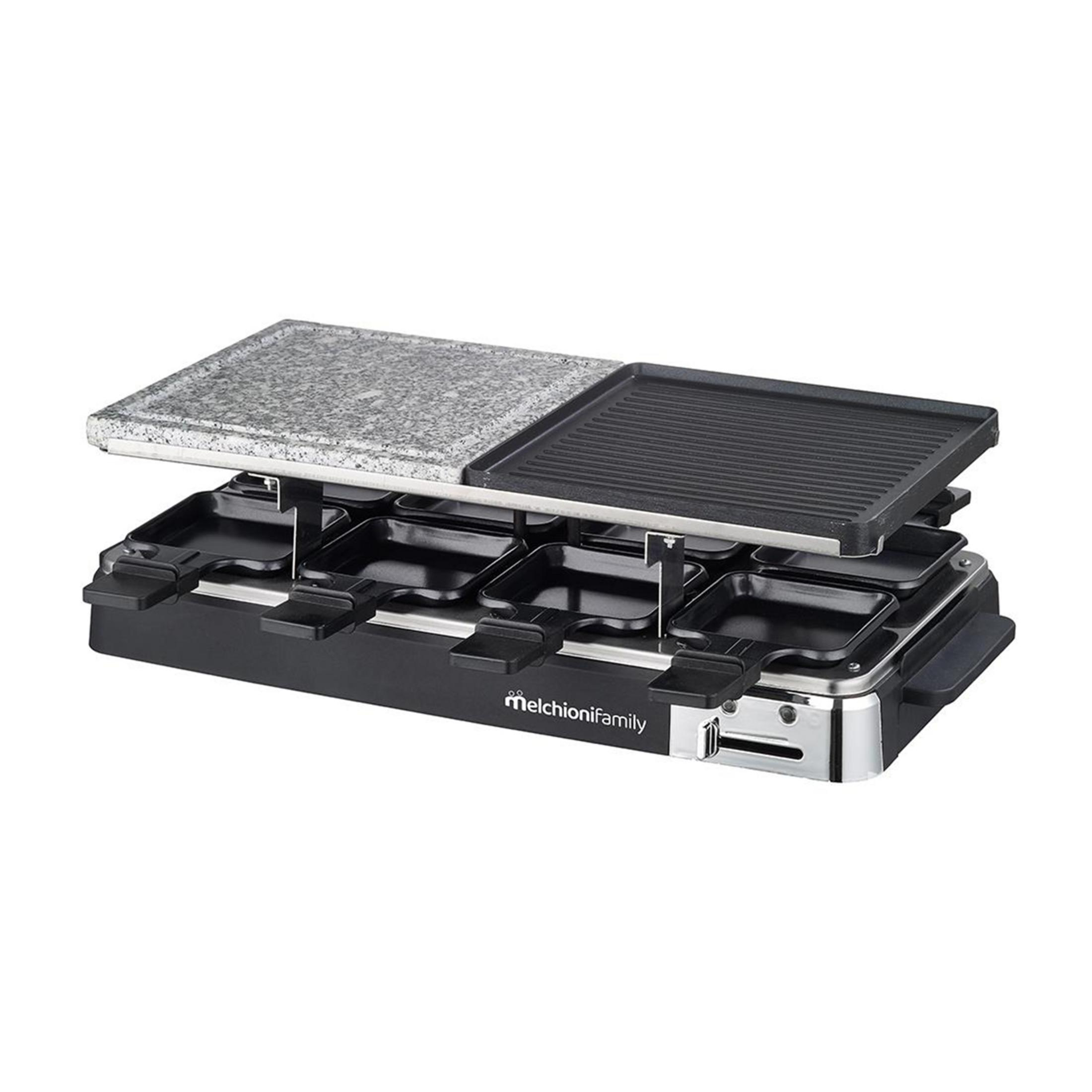 Ein schwarzer Raclette-Grill mit Granitplatte und Grillplatte.