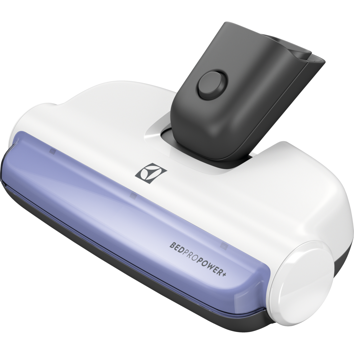 Un accessoire d'aspirateur blanc avec poignée grise et réservoir violet.