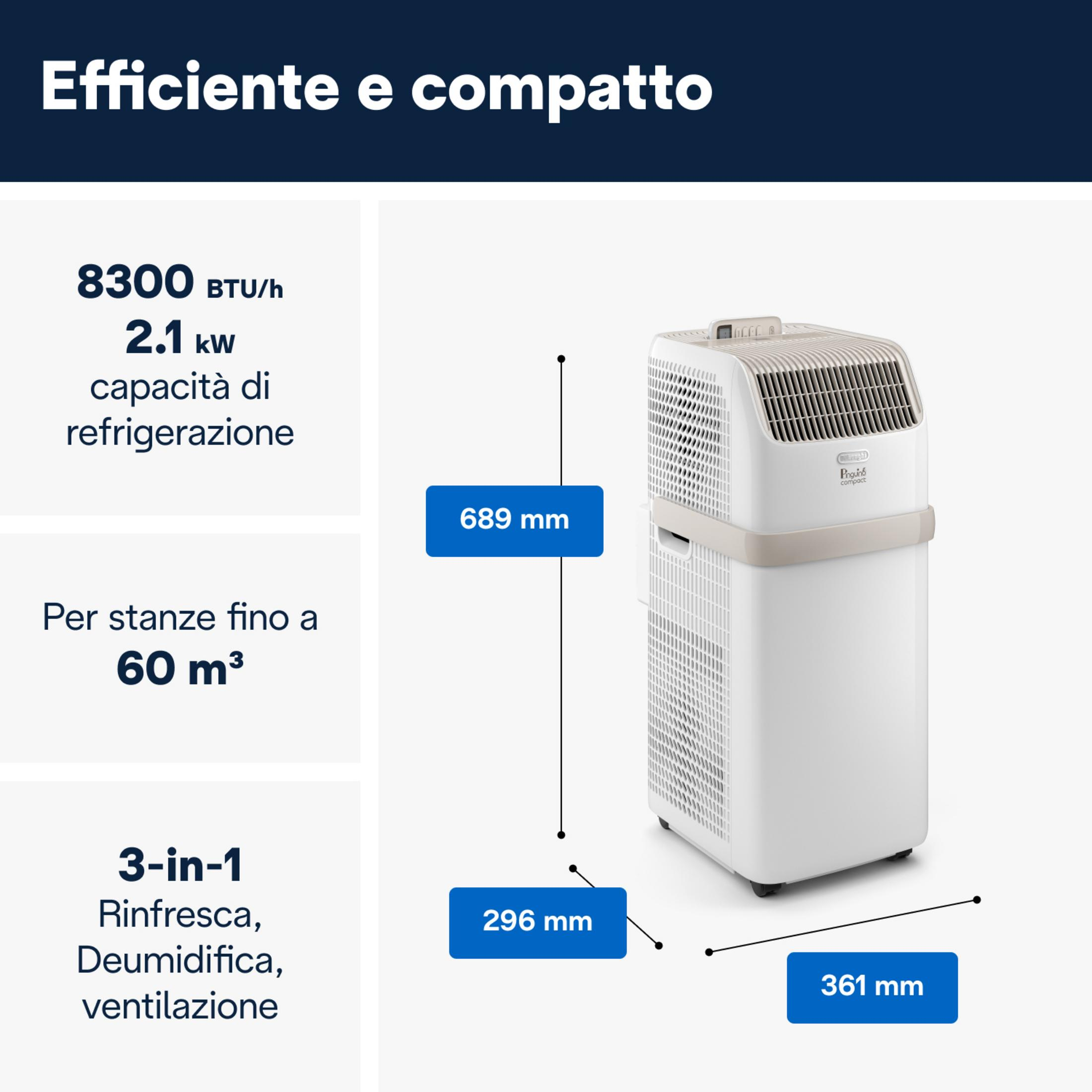 Ein weißer mobiler Klimaanlagen-Turm mit Abmessungen und technischen Daten.