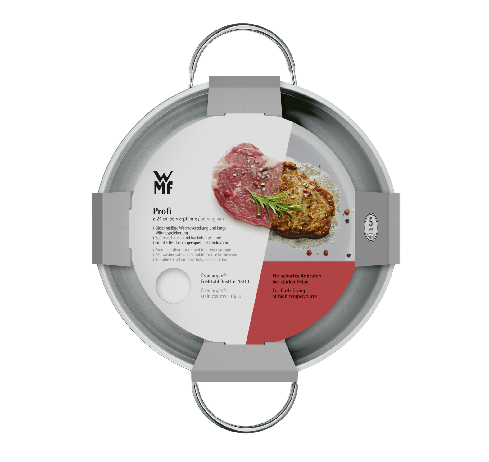 Eine silberne WMF Profi Servierpfanne mit zwei Steaks, roh und gebraten.