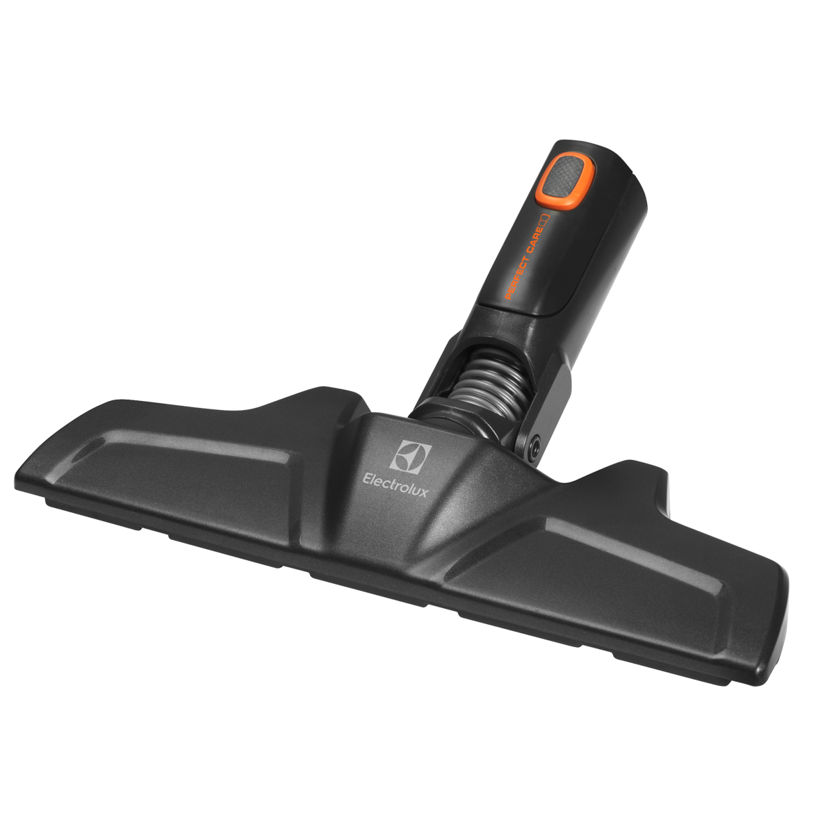 Bouton et texte orange sur un accessoire d'aspirateur gris foncé.