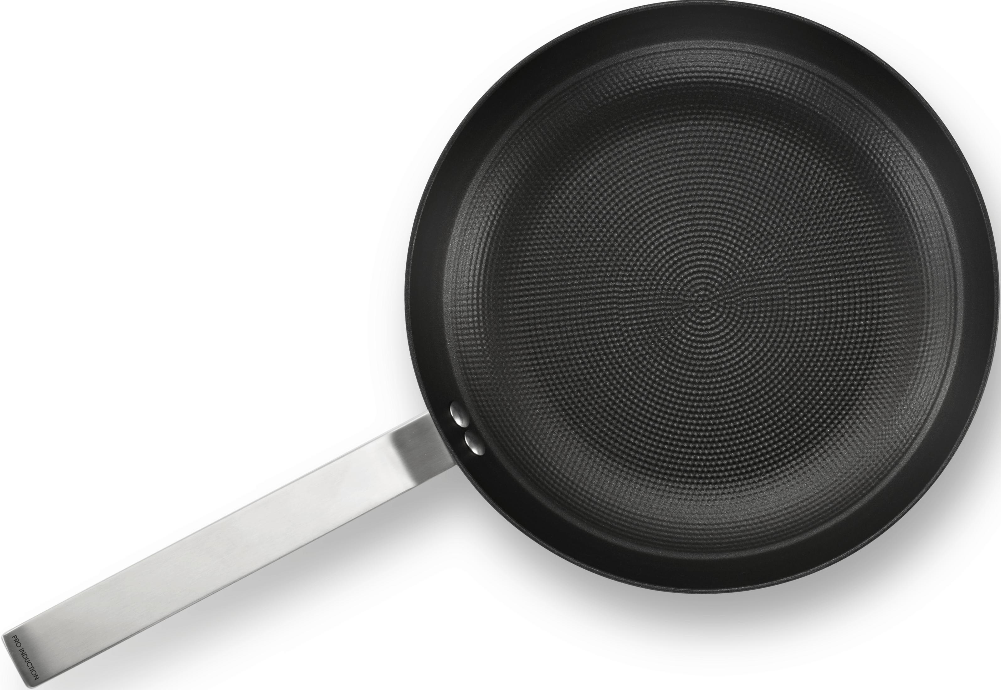 Schwarze Bratpfanne mit Metallsockel und konzentrischen Ringen auf der Innenseite.