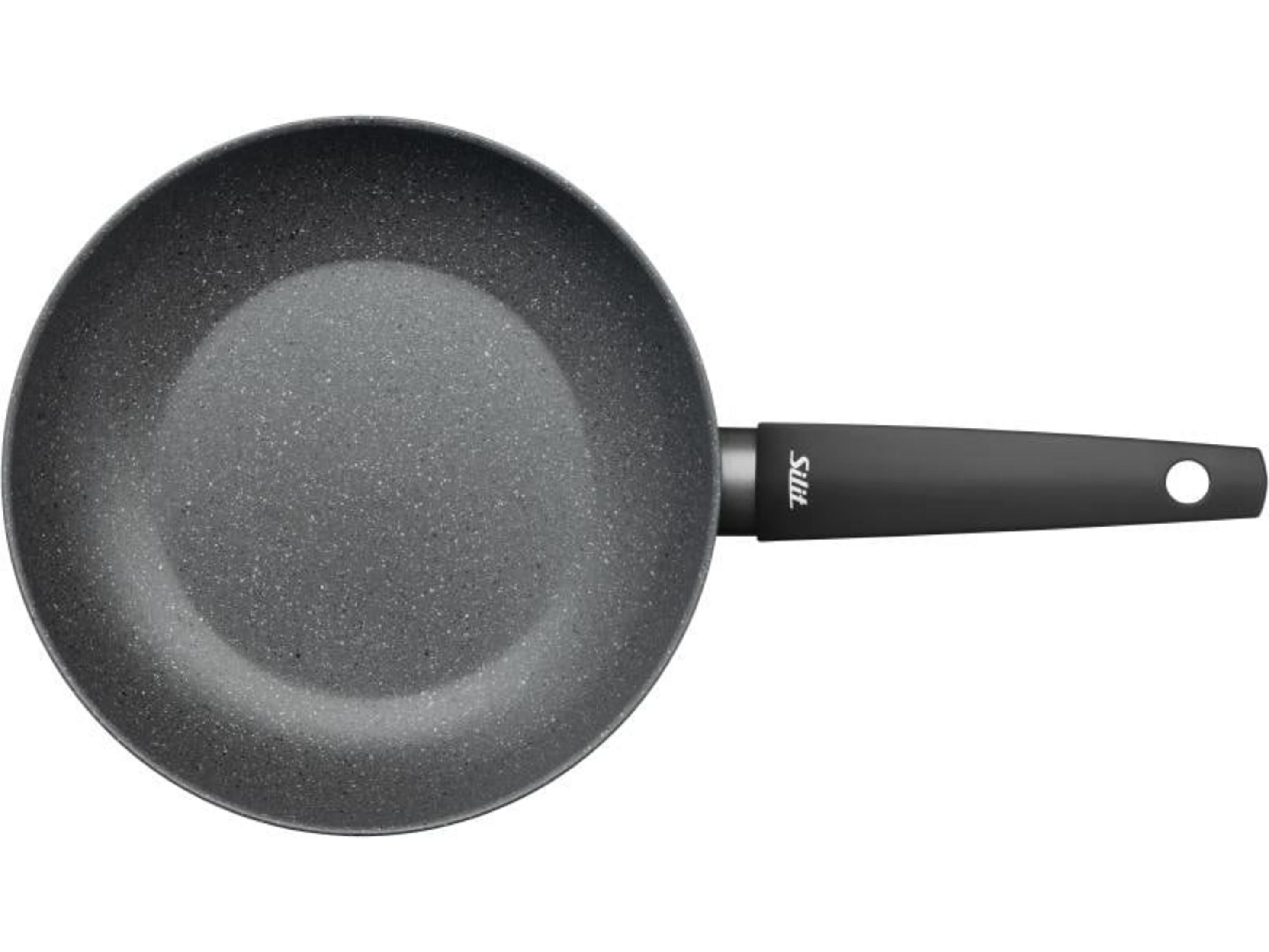 Poêle grise avec manche noir, sur fond blanc.