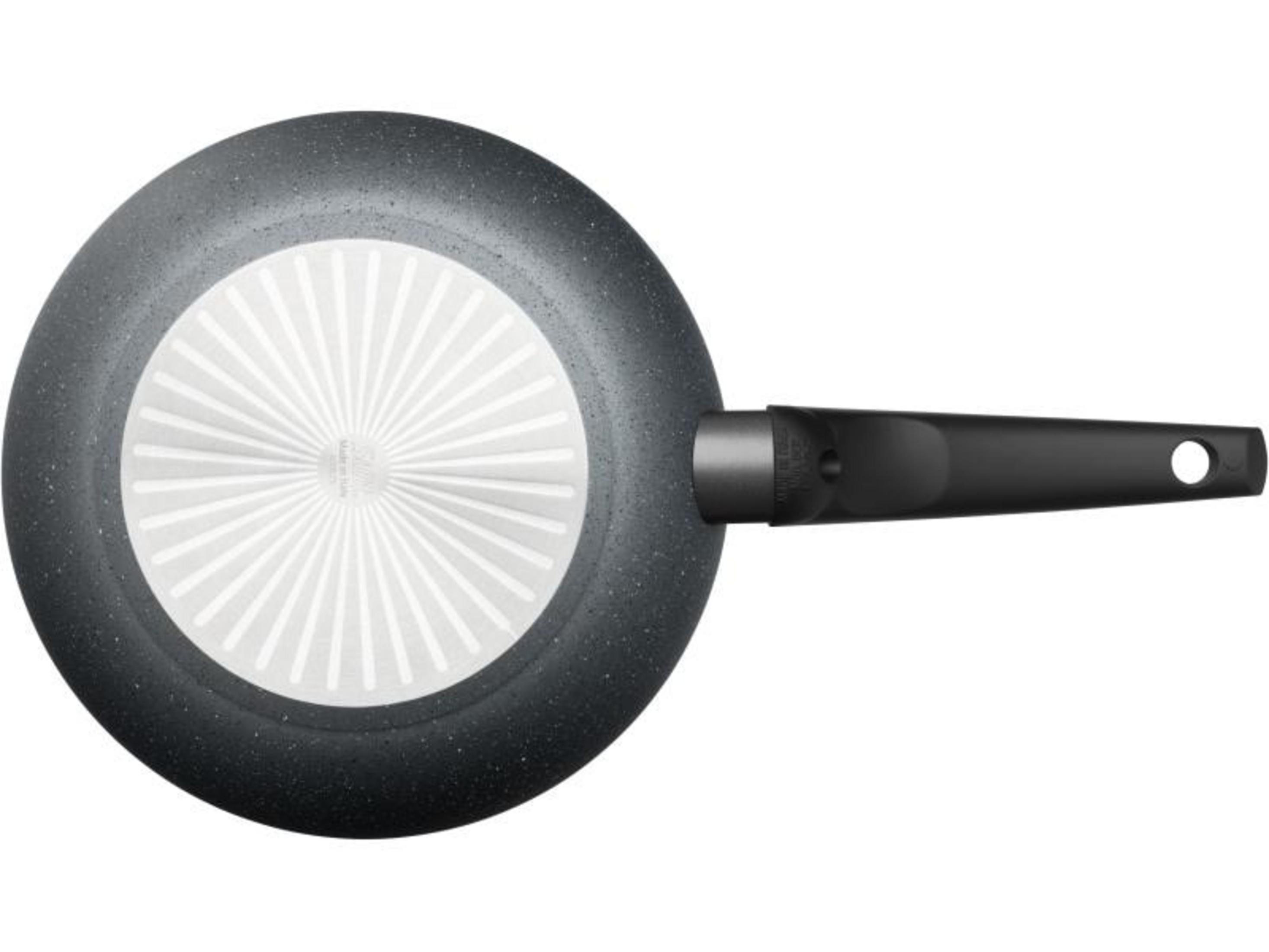 Poêle grise avec manche noir et motif blanc au dos.