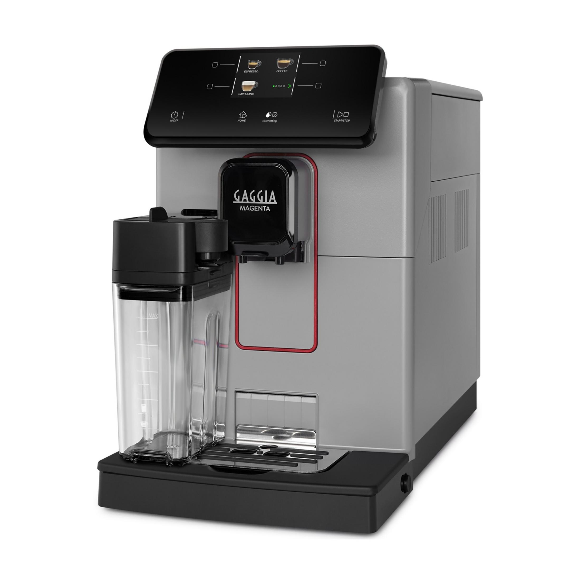 Eine silberne Gaggia Magenta Espressomaschine mit einem Wassertank und Bedienfeld.