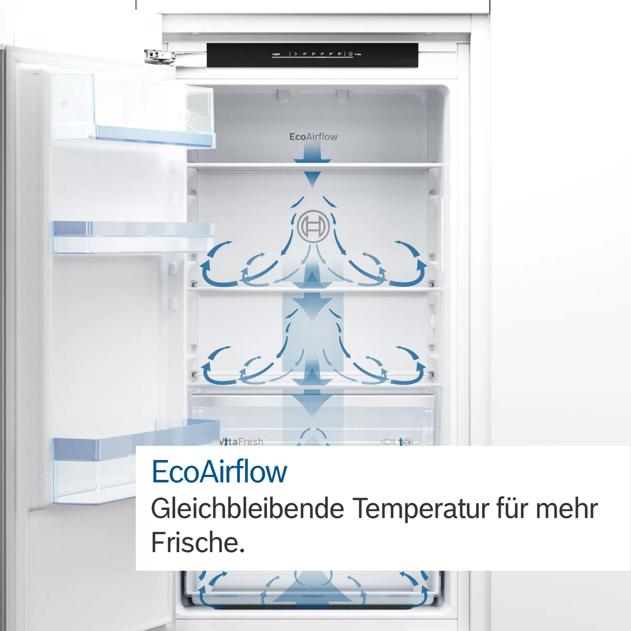 Vista interna di un frigorifero bianco con tecnologia EcoAirflow. Frecce blu indicano la circolazione dell'aria.