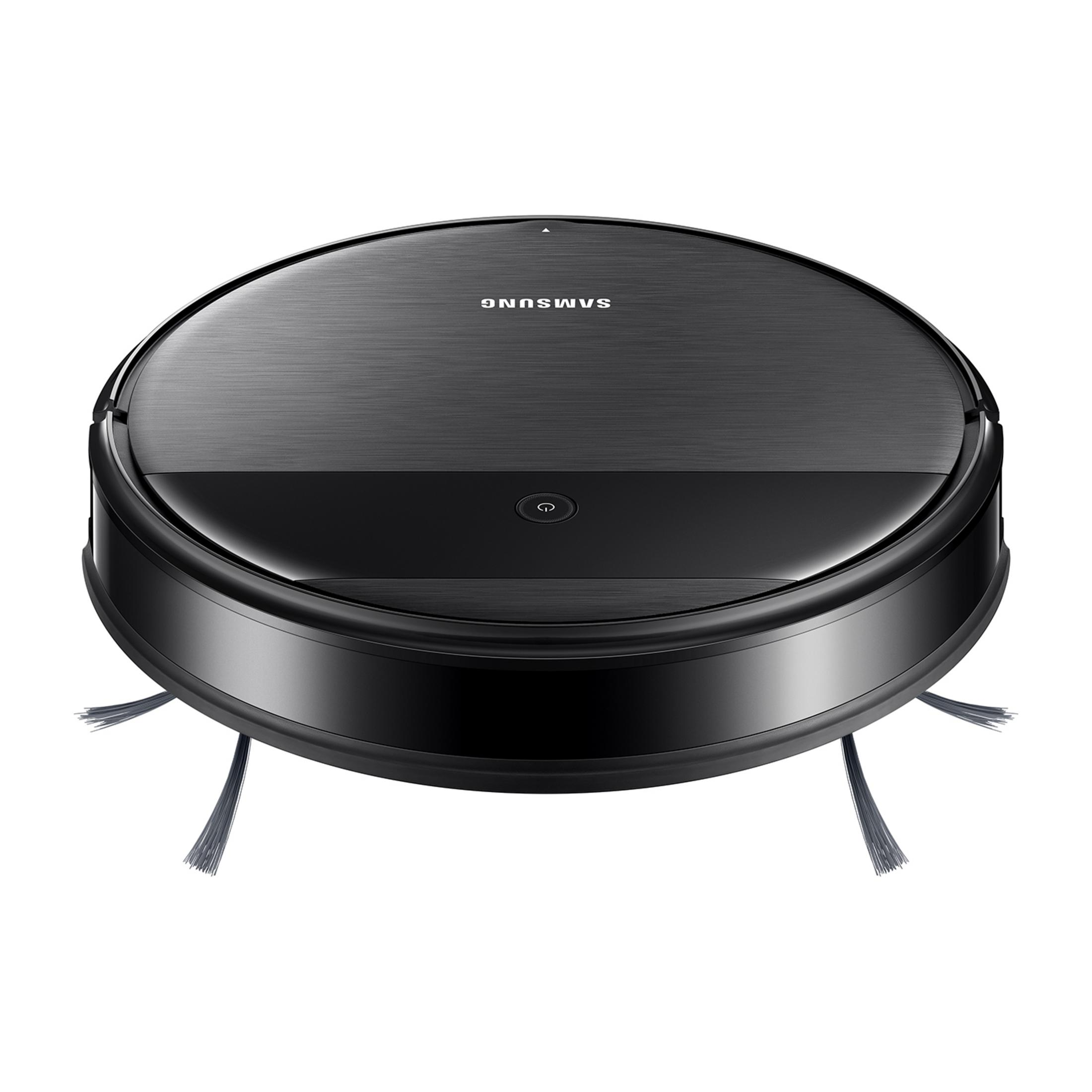 Czarny robot sprzątający Samsung z bocznymi szczotkami.