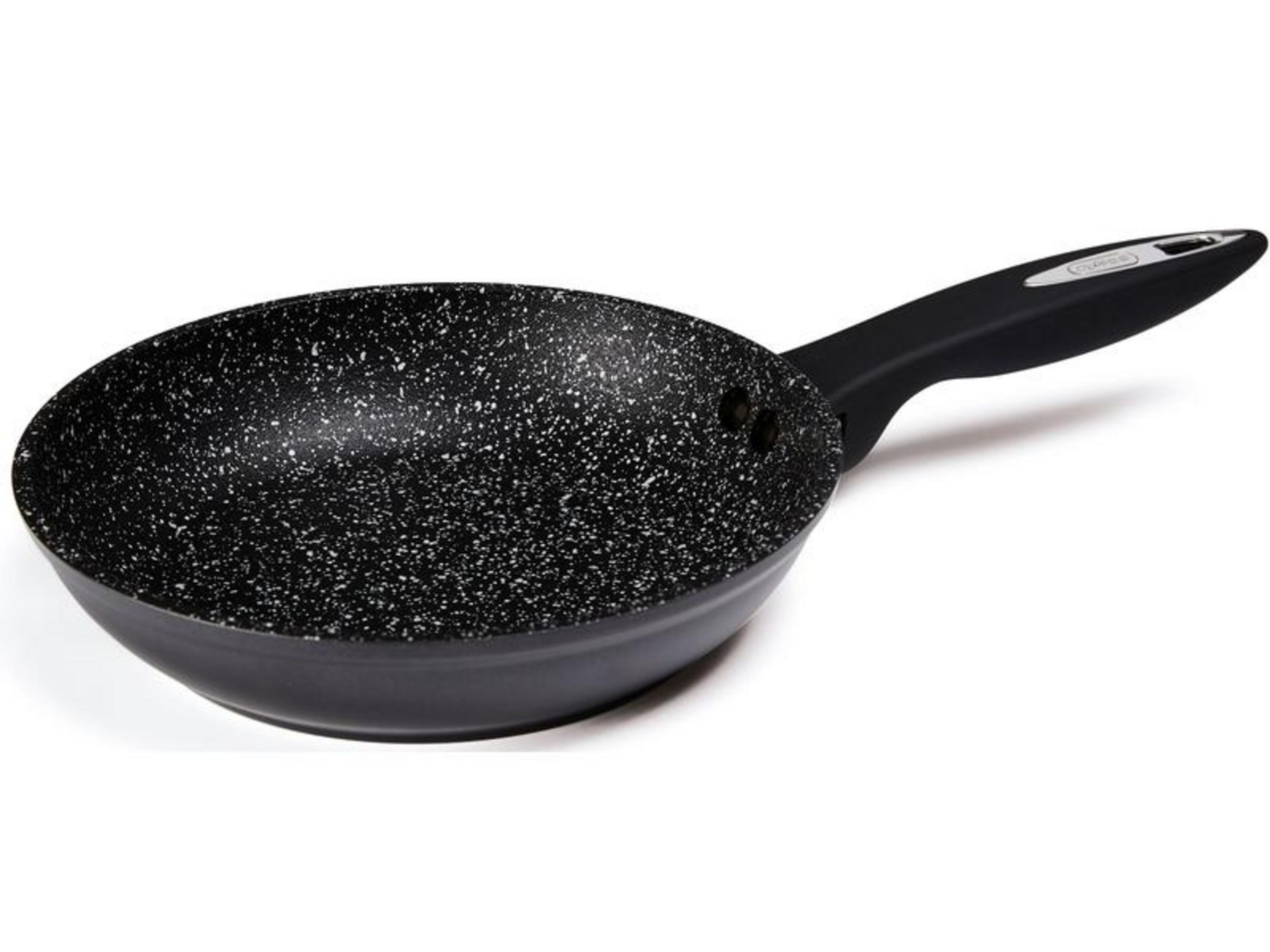 Poêle noire à motif moucheté et manche noir.