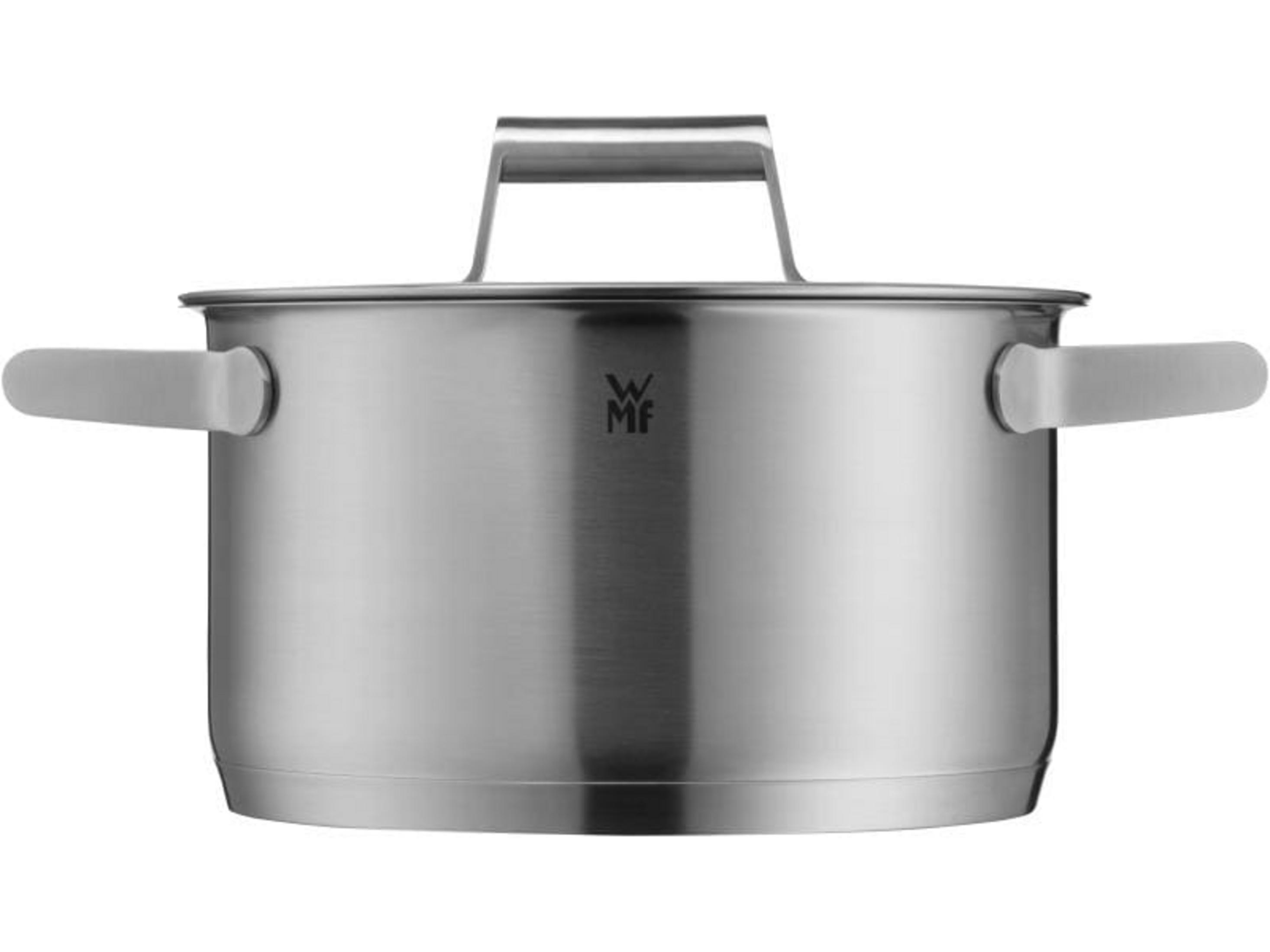 Casserole en inox avec poignées et couvercle. Logo central.