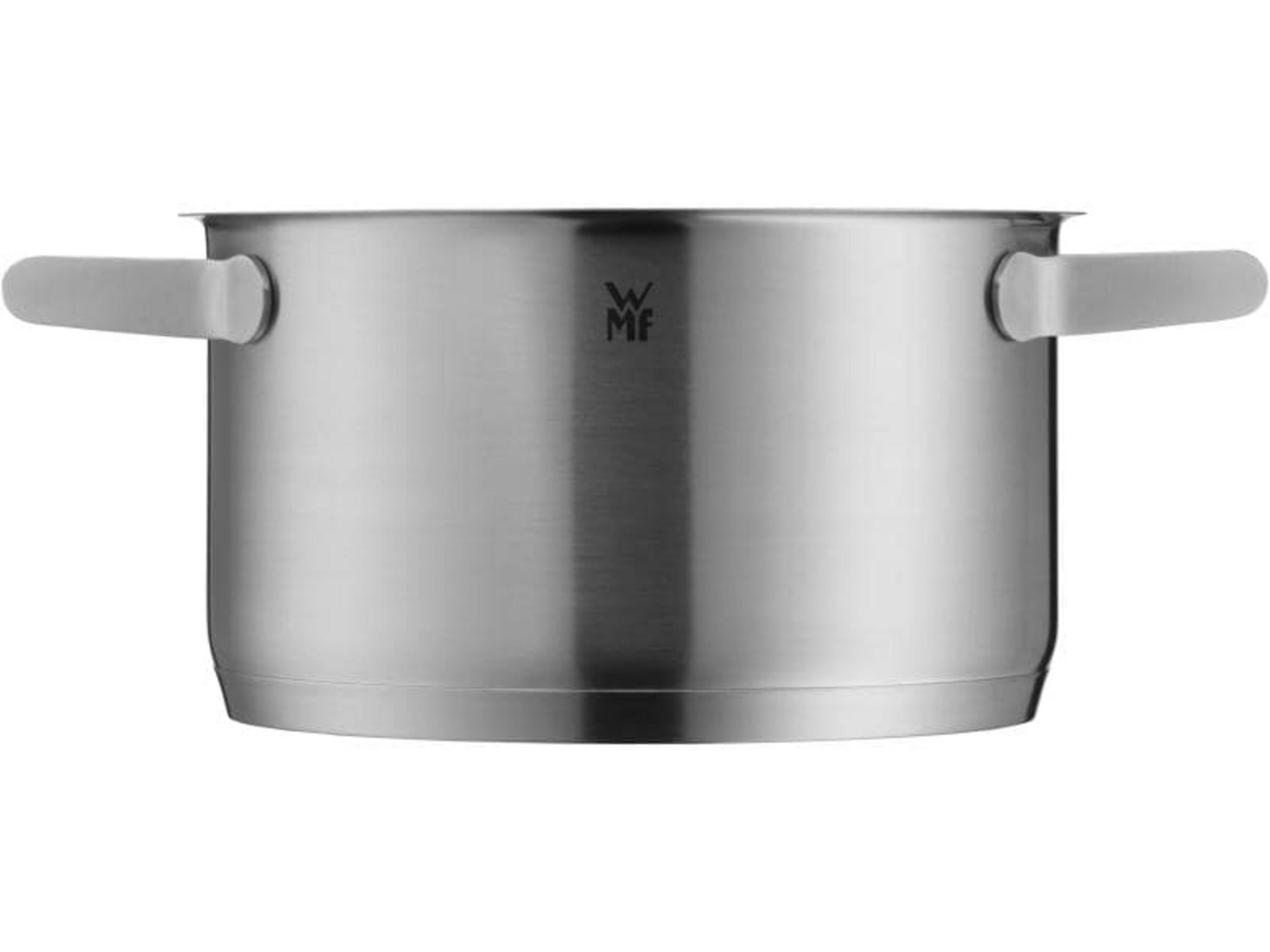 Une casserole argentée avec deux poignées latérales et un logo WMF.