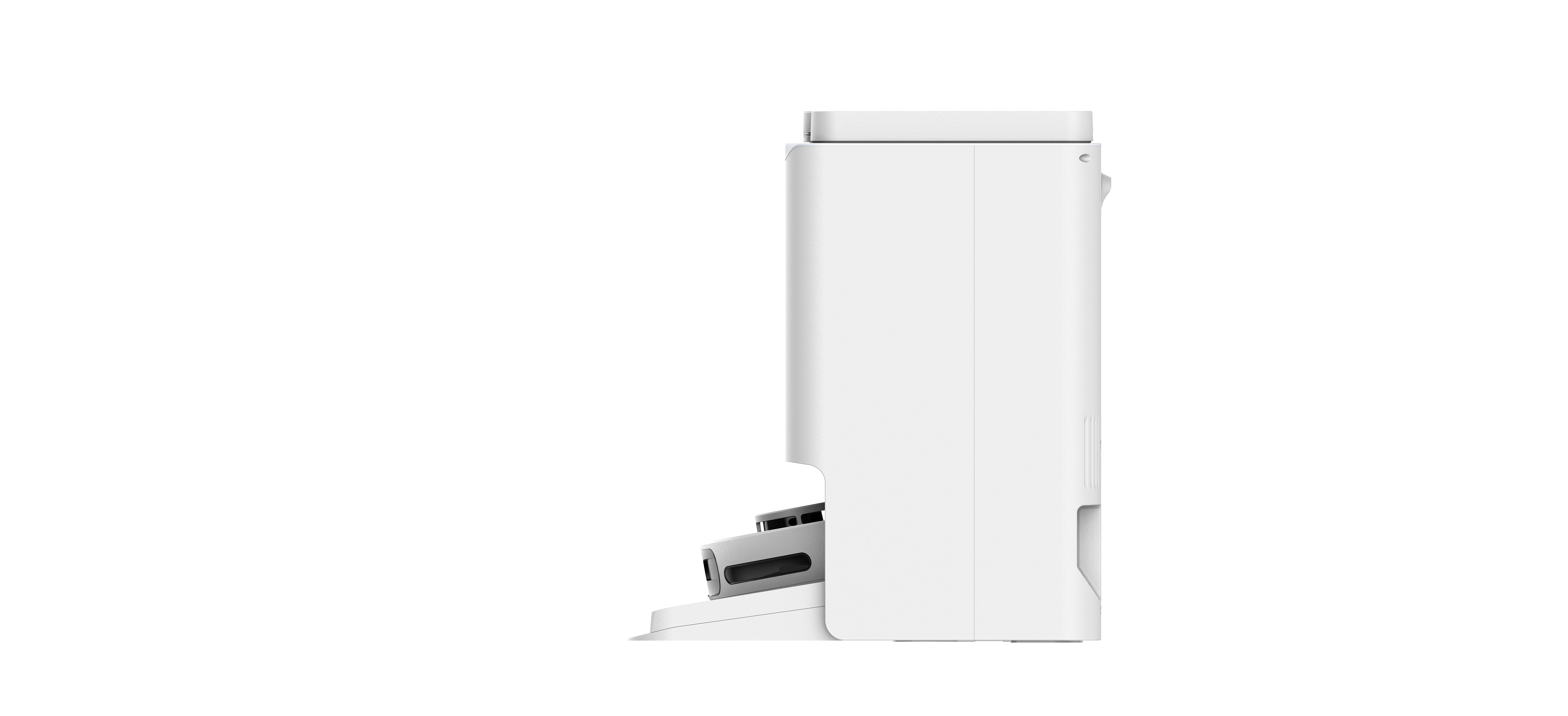 Biały robot sprzątający z bazą ładującą w profilu bocznym.