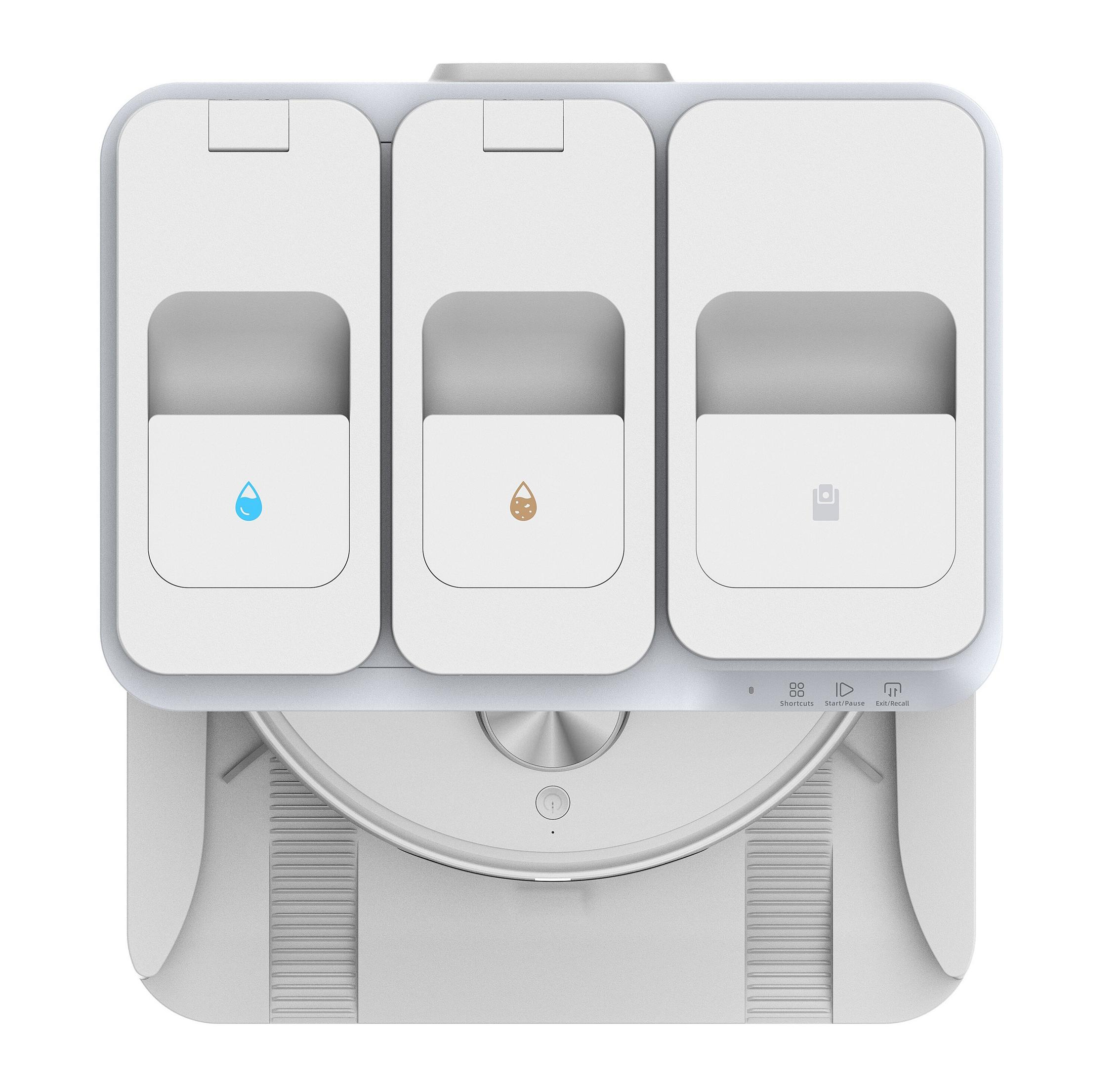 Biała stacja czyszcząca z trzema komorami: woda, brud i opróżnianie.