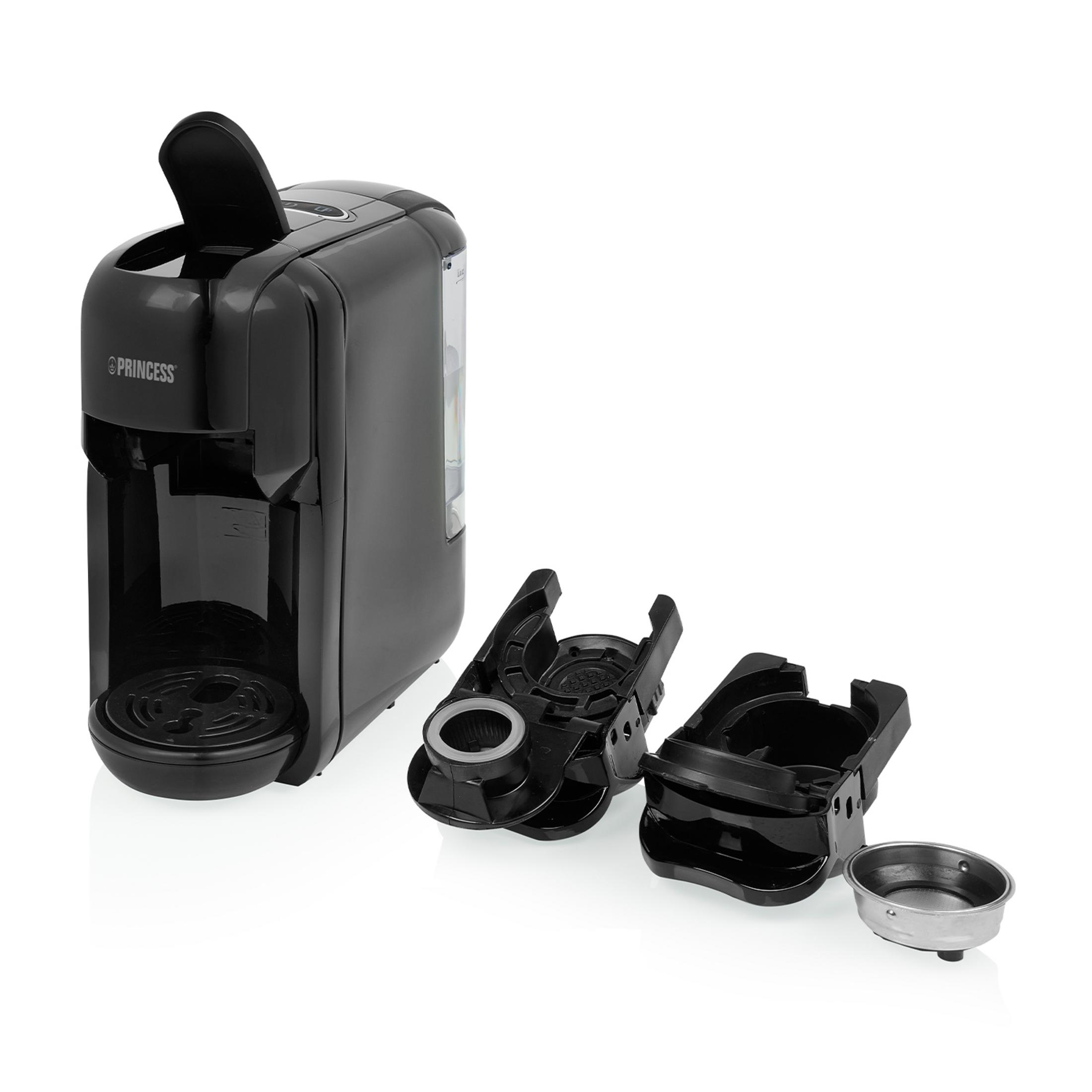 Czarna maszyna do kawy z odpinanymi częściami na białym tle.