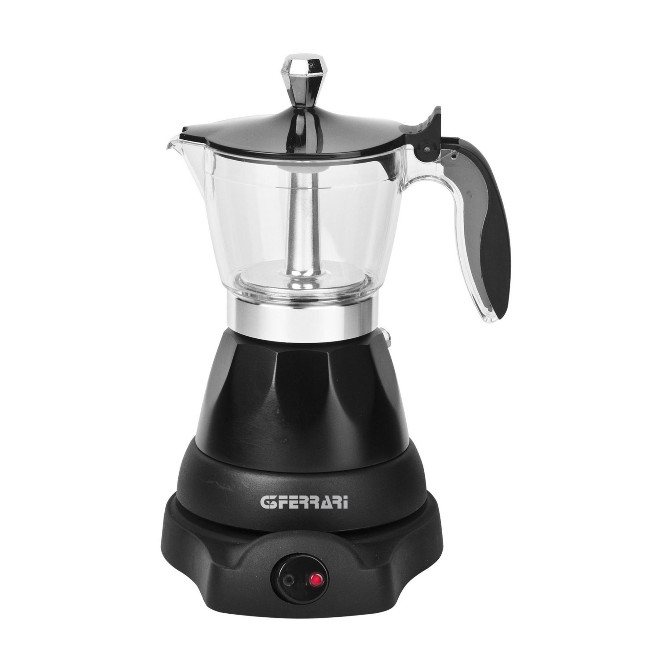 Czarny ekspres do kawy ze szklaną pokrywą, srebrną rączką i czerwoną lampką.
