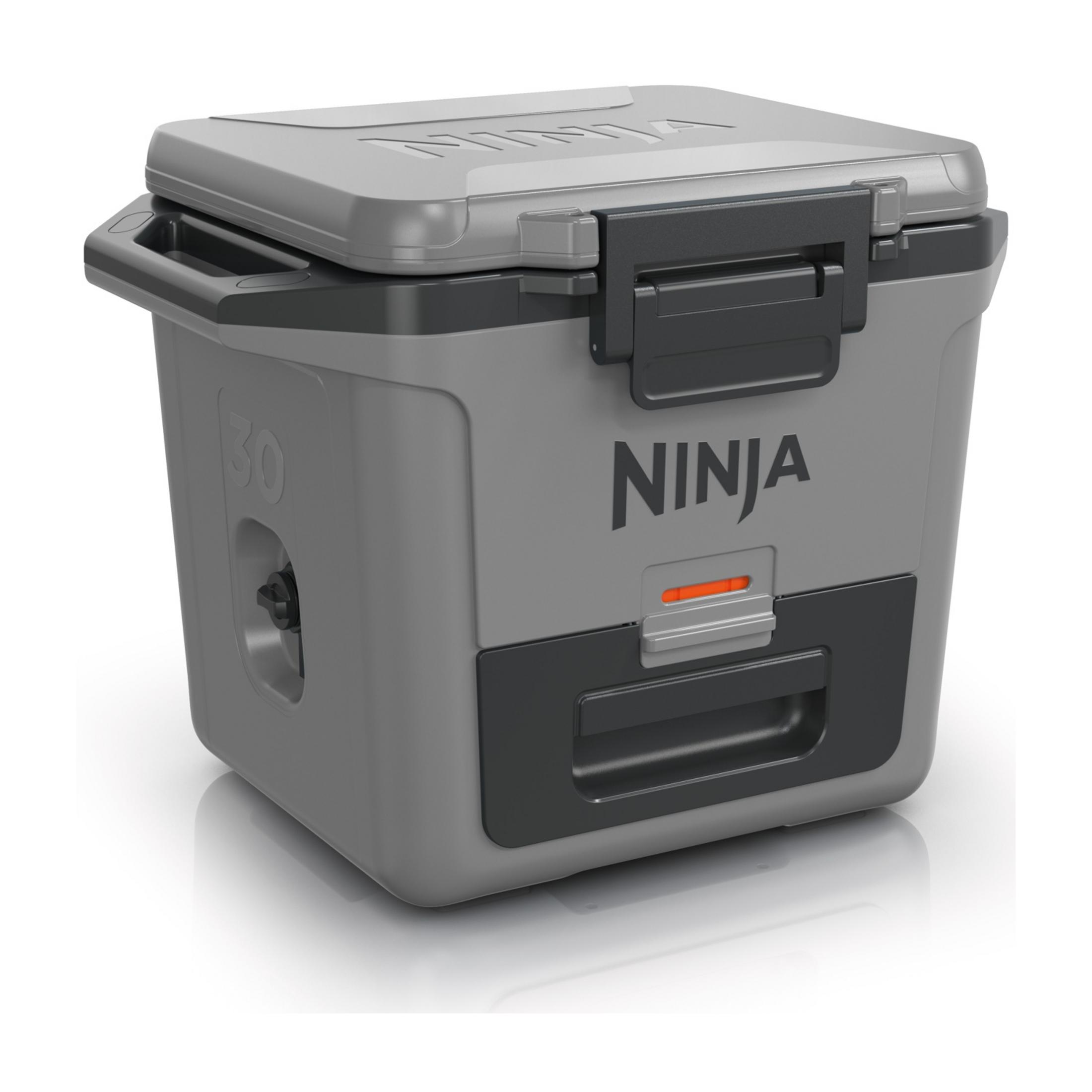 Szara lodówka Ninja z czarnymi akcentami i pomarańczowym światłem.