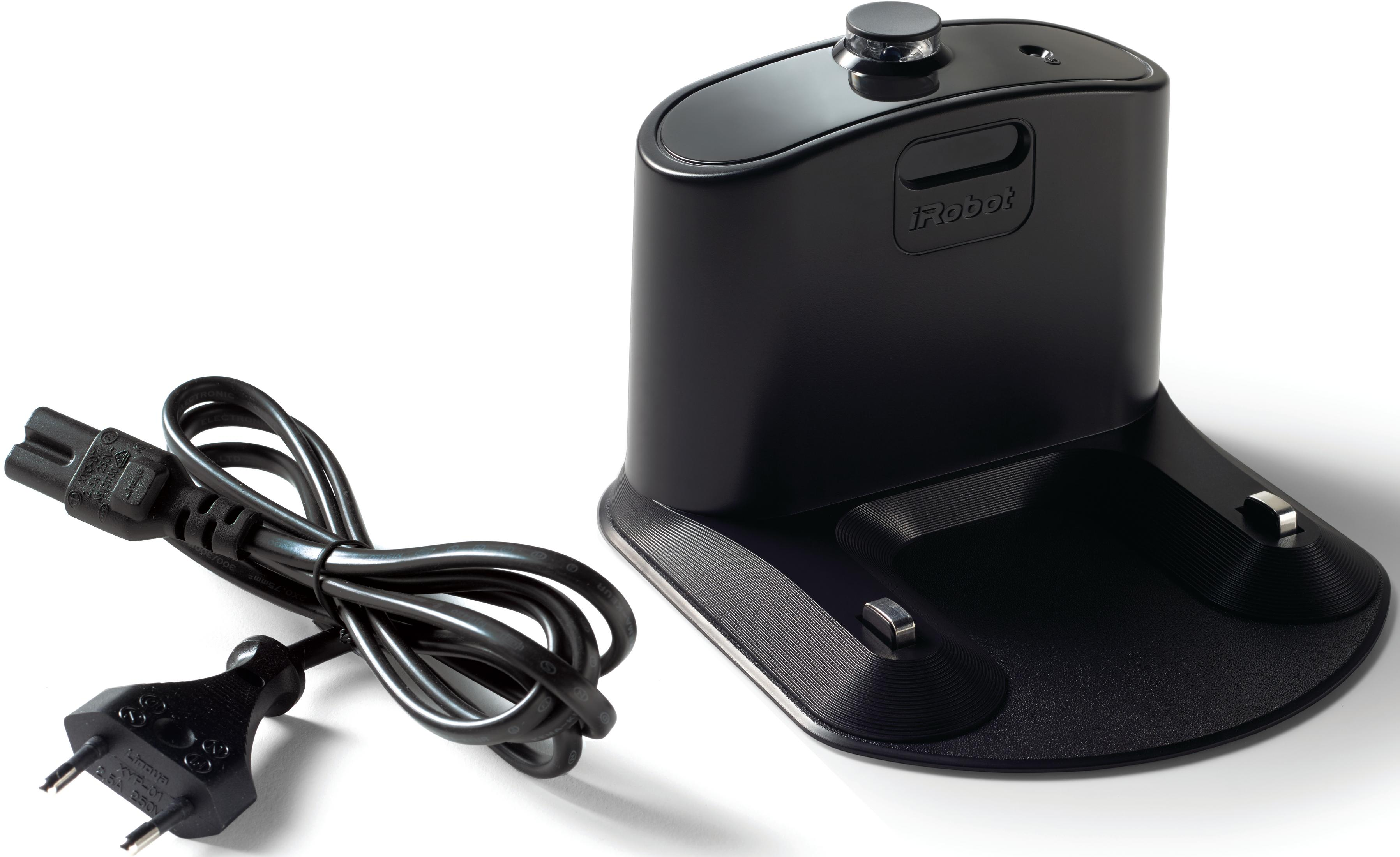 Schwarze iRobot Ladestation mit Netzkabel und europäischem Stecker.