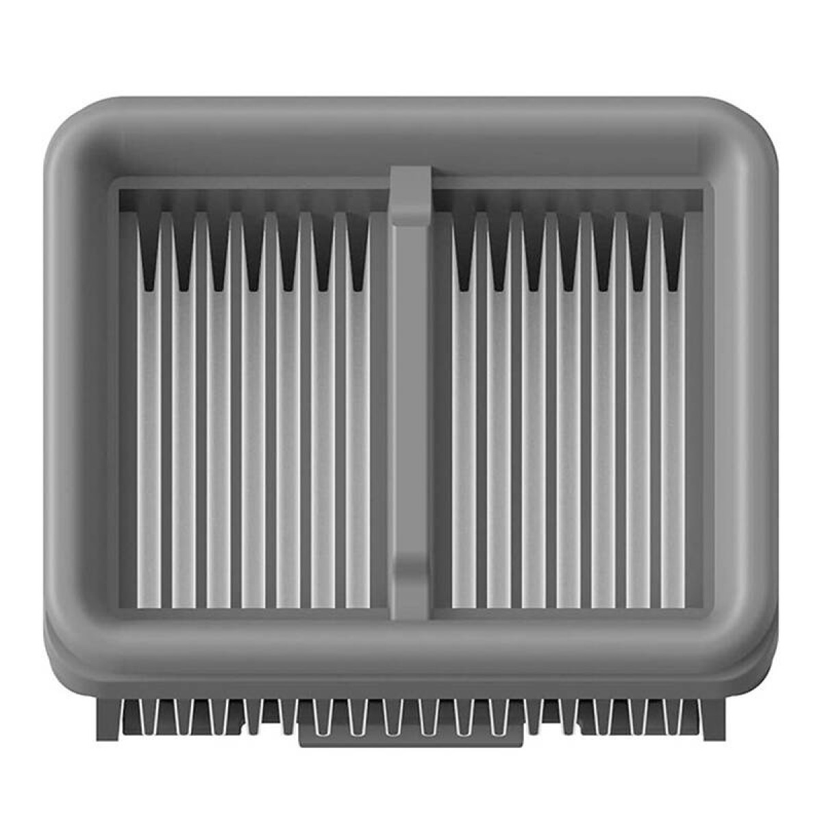 Contenitore grigio con fessure verticali e un divisorio al centro.