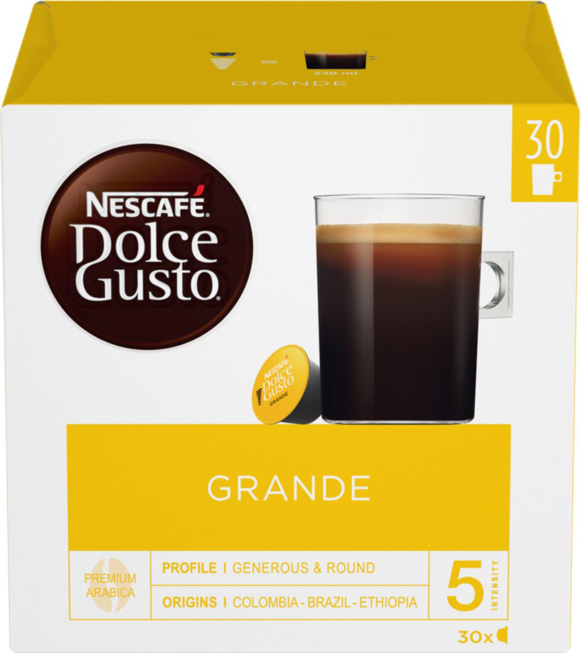Packung Nescafé Dolce Gusto Grande Kaffee, mit Tasse Kaffee und Kapsel.