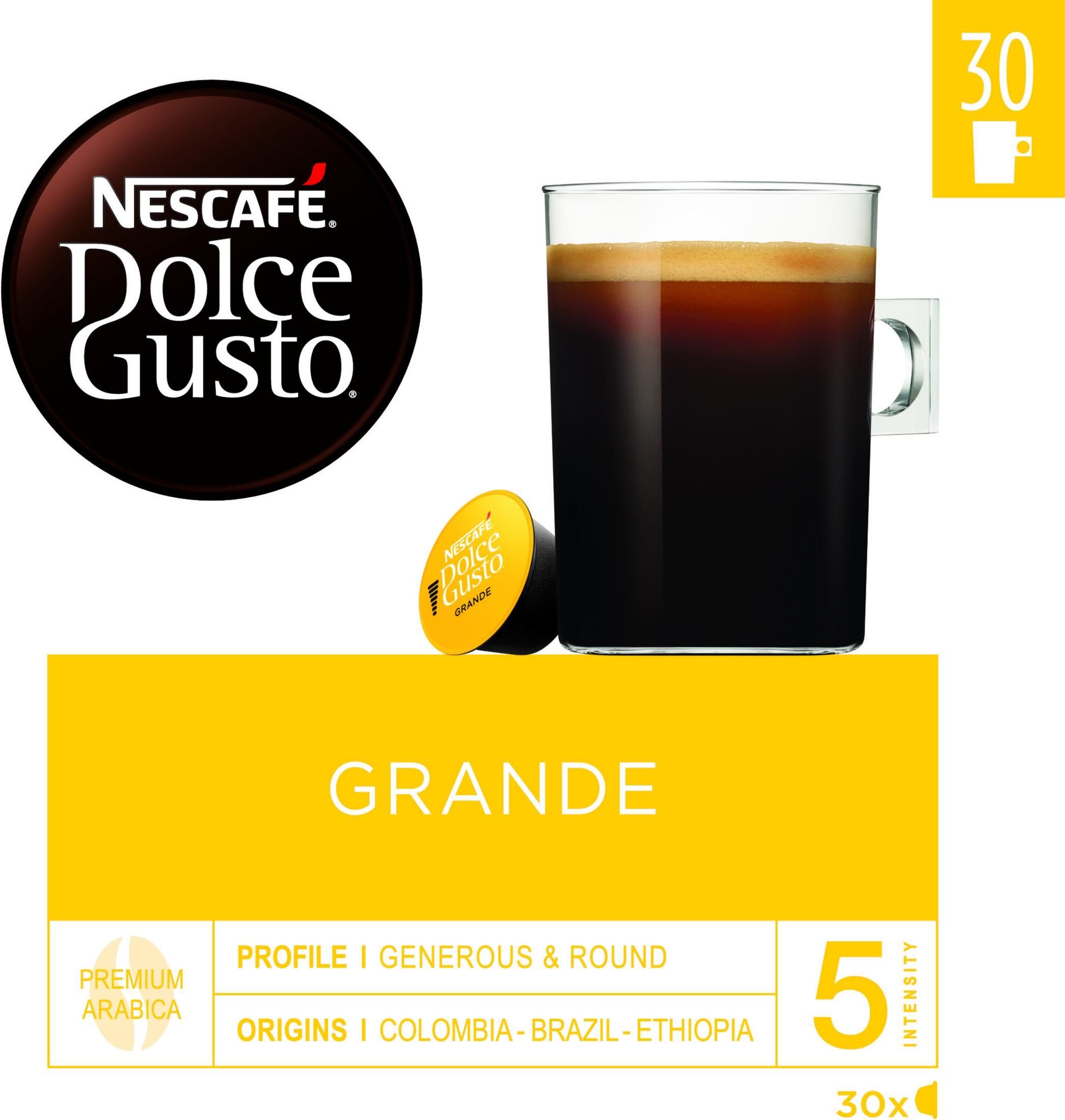 Ein Glas Kaffee mit einem Dolce Gusto Pod. Gelber Kasten mit Text.