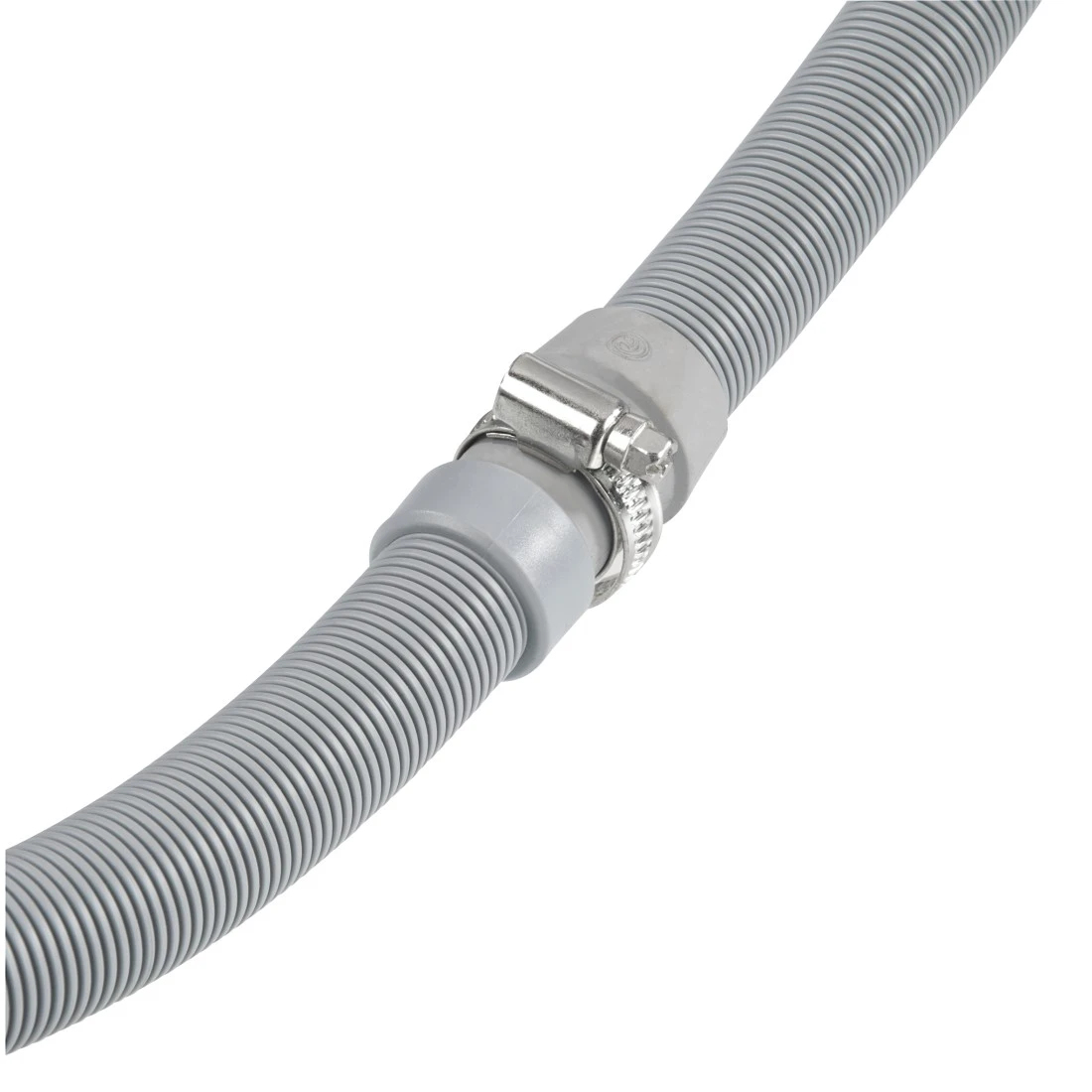 Grauer, gerippter Schlauch mit einem Metallschellen-Verbinder.