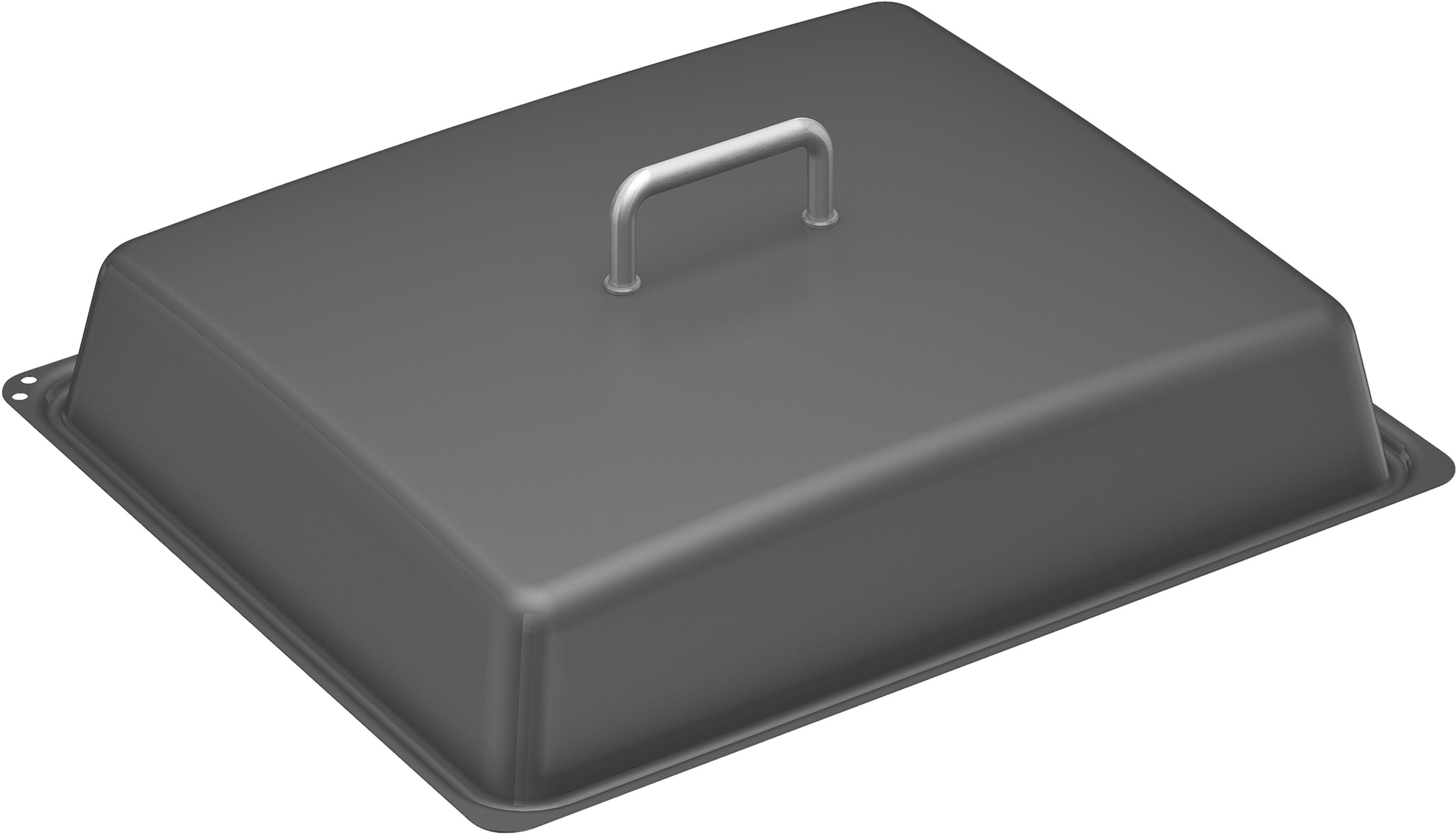 Coperchio rettangolare grigio con manico e due fori sul lato sinistro.