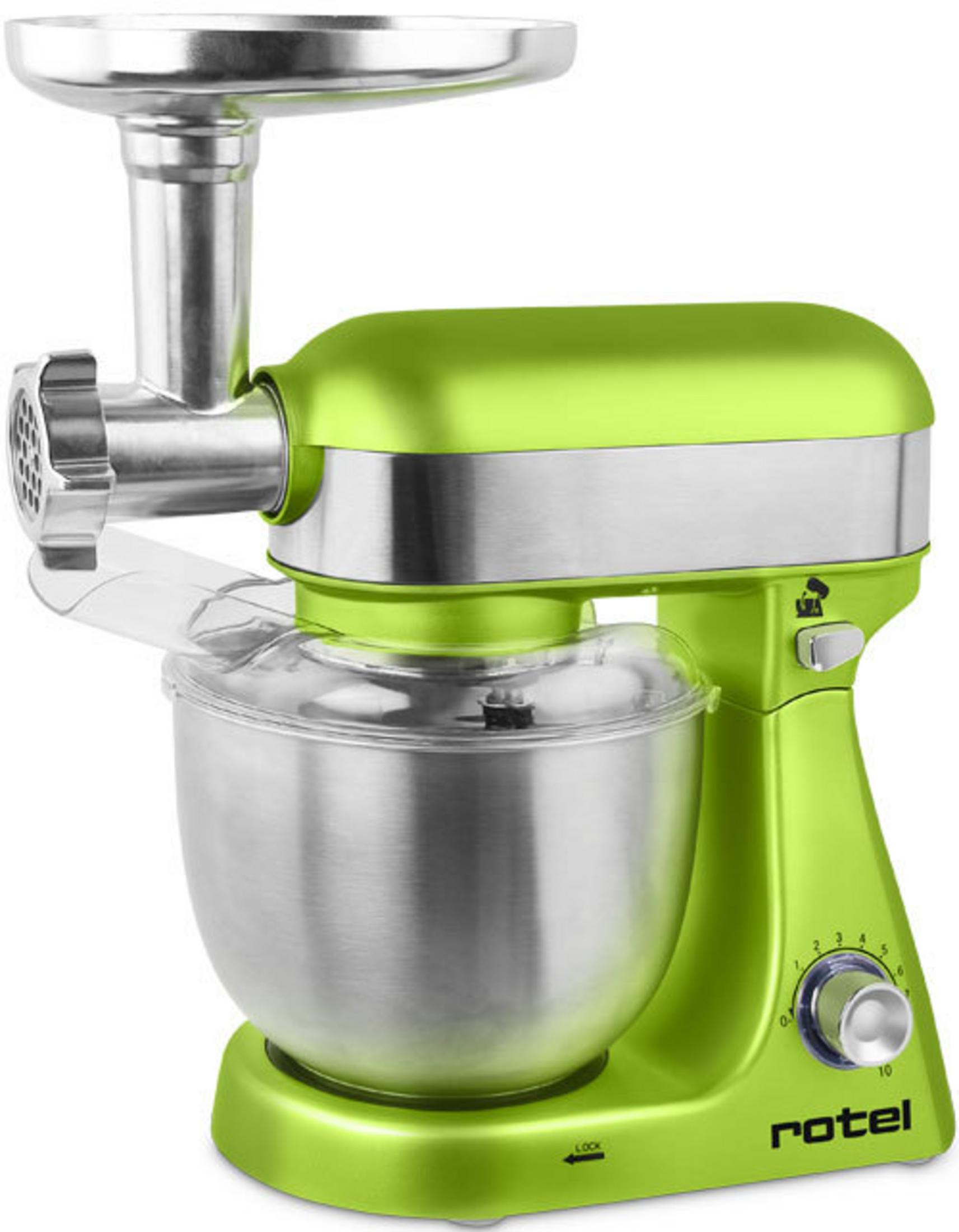 Un robot da cucina verde con tritacarne e ciotola in acciaio inox.