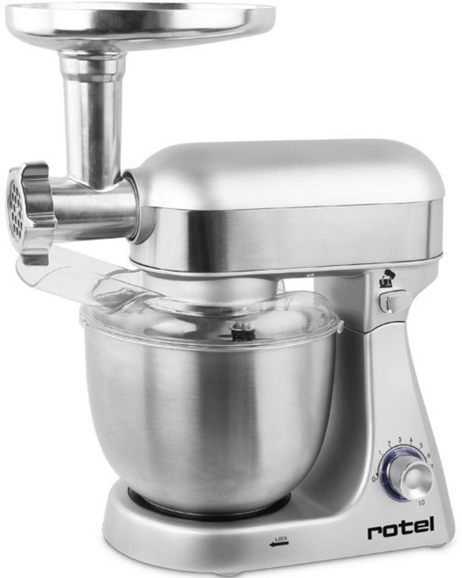 Un robot da cucina argentato con accessorio tritacarne su sfondo bianco.