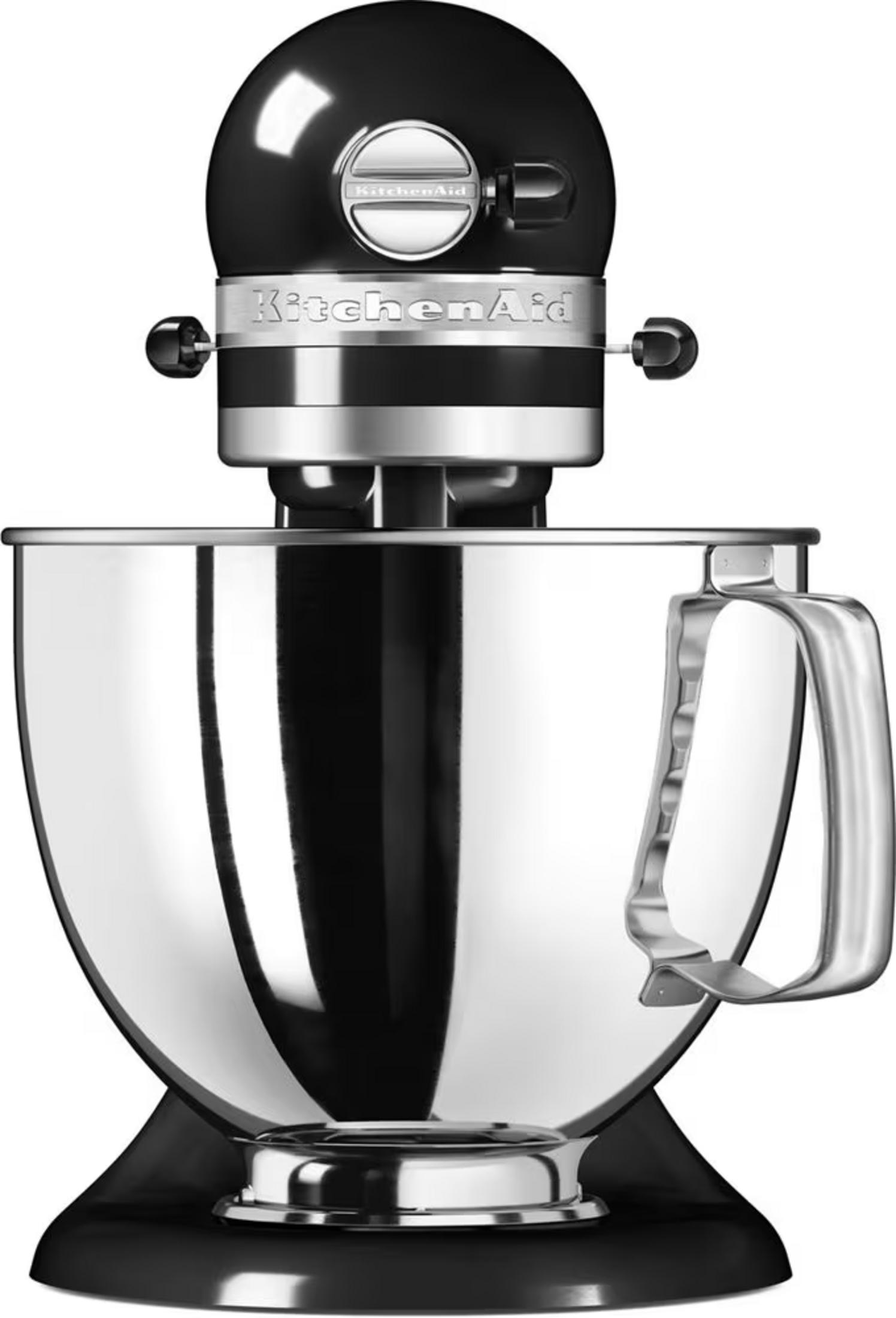 Impastatrice KitchenAid nera con ciotola in metallo lucido.