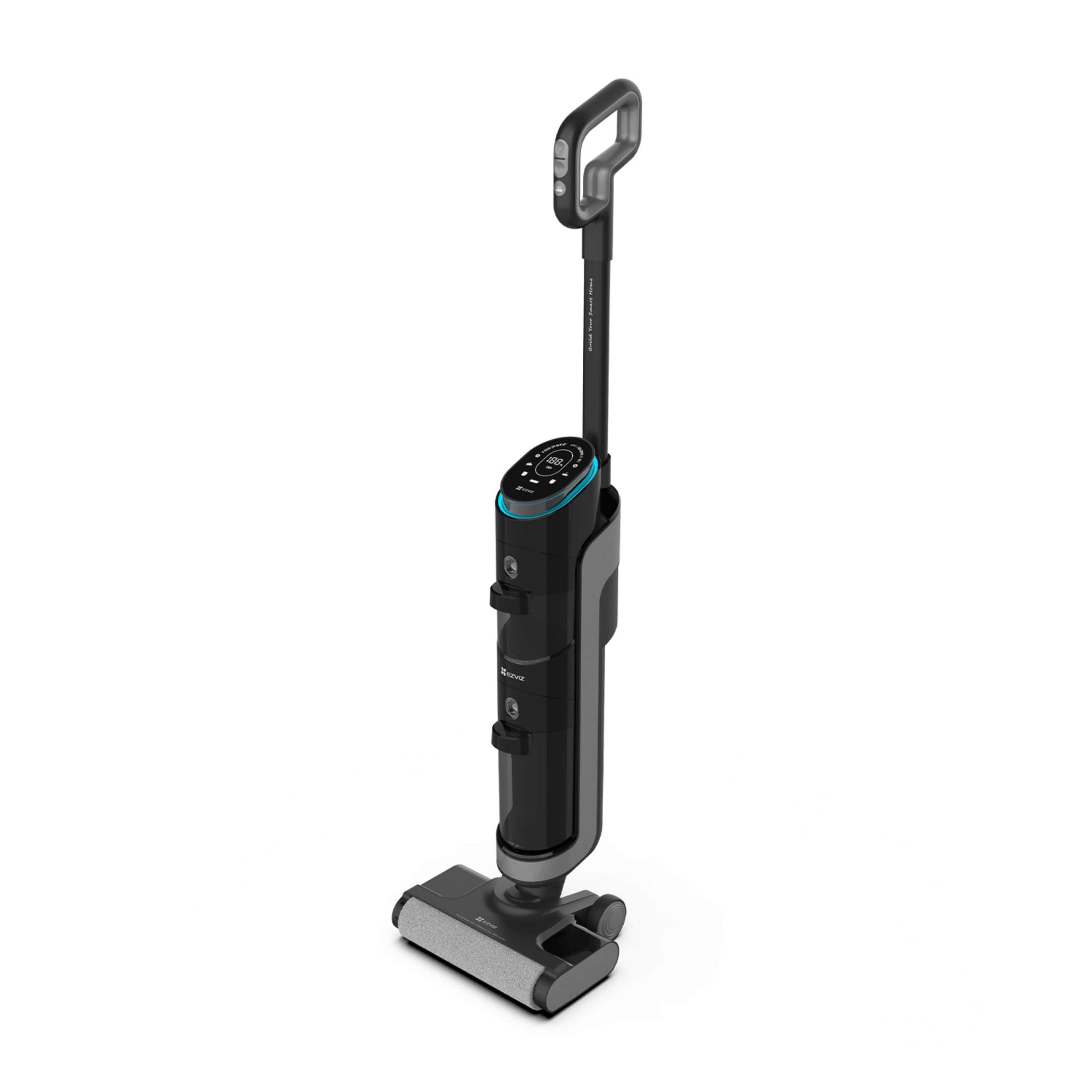 Un pulitore per pavimenti senza fili nero con display e manico.