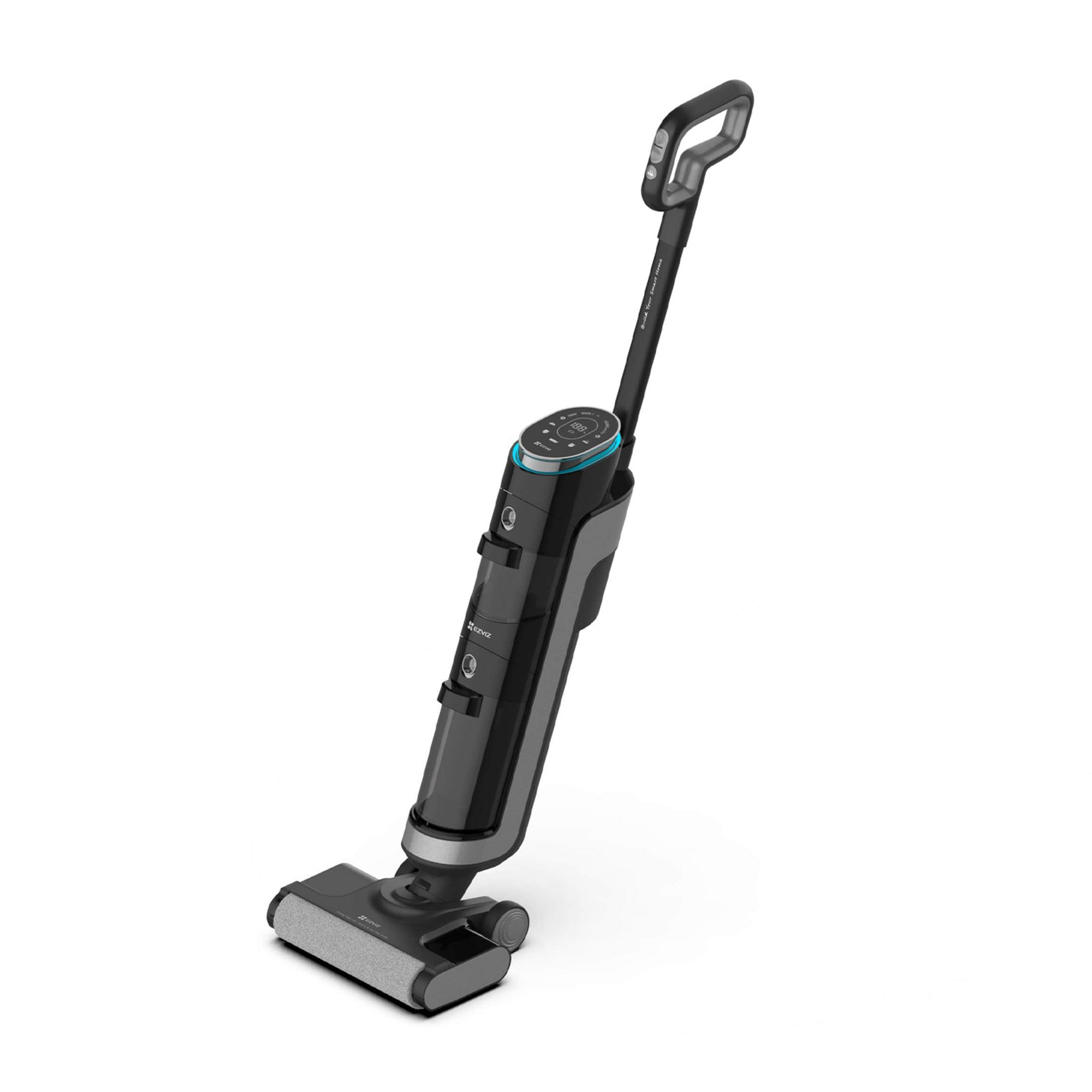 Pulitore per pavimenti nero e grigio con display digitale e manico.