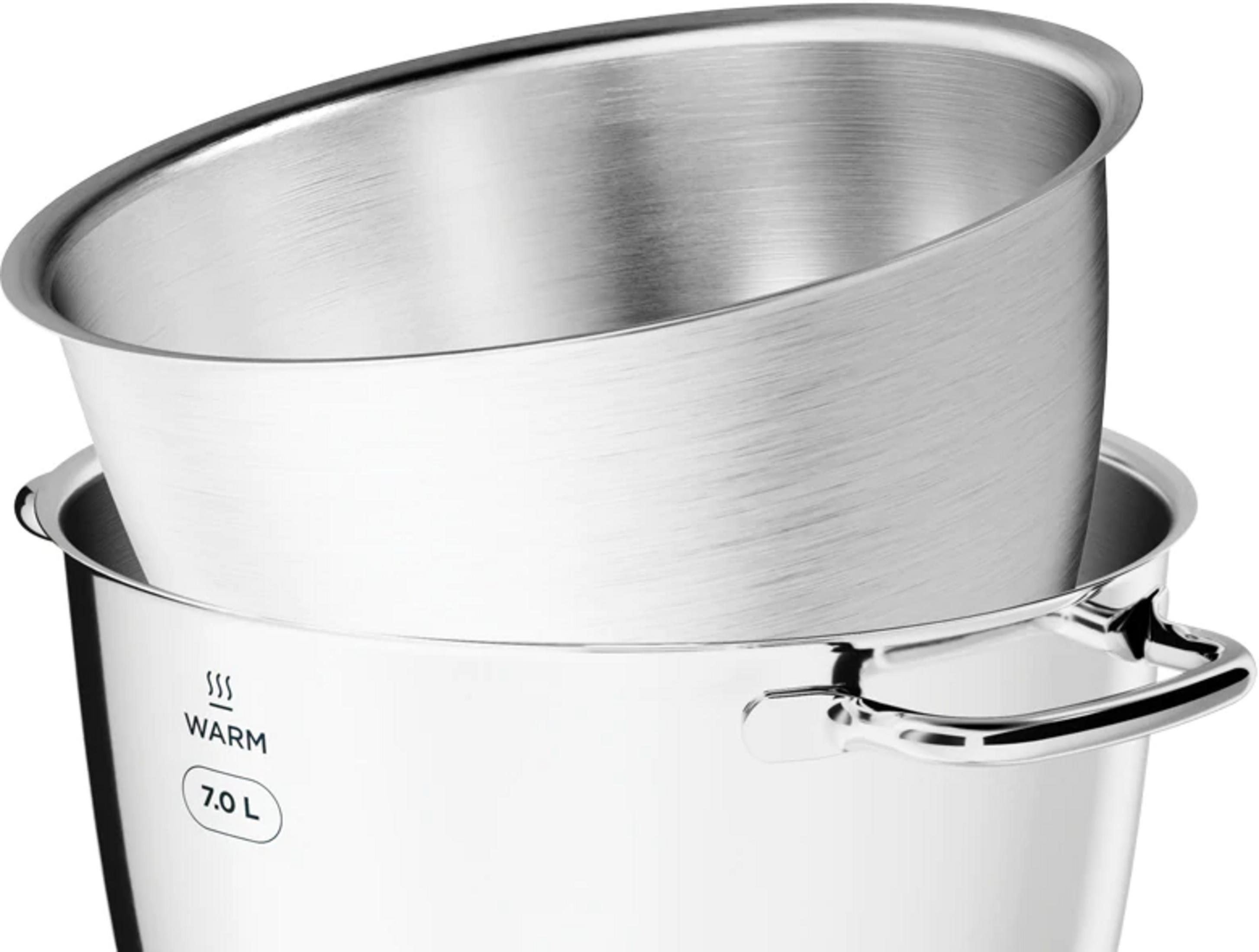 Two stainless steel pots, one inside the other, with handles and 'WARM'-